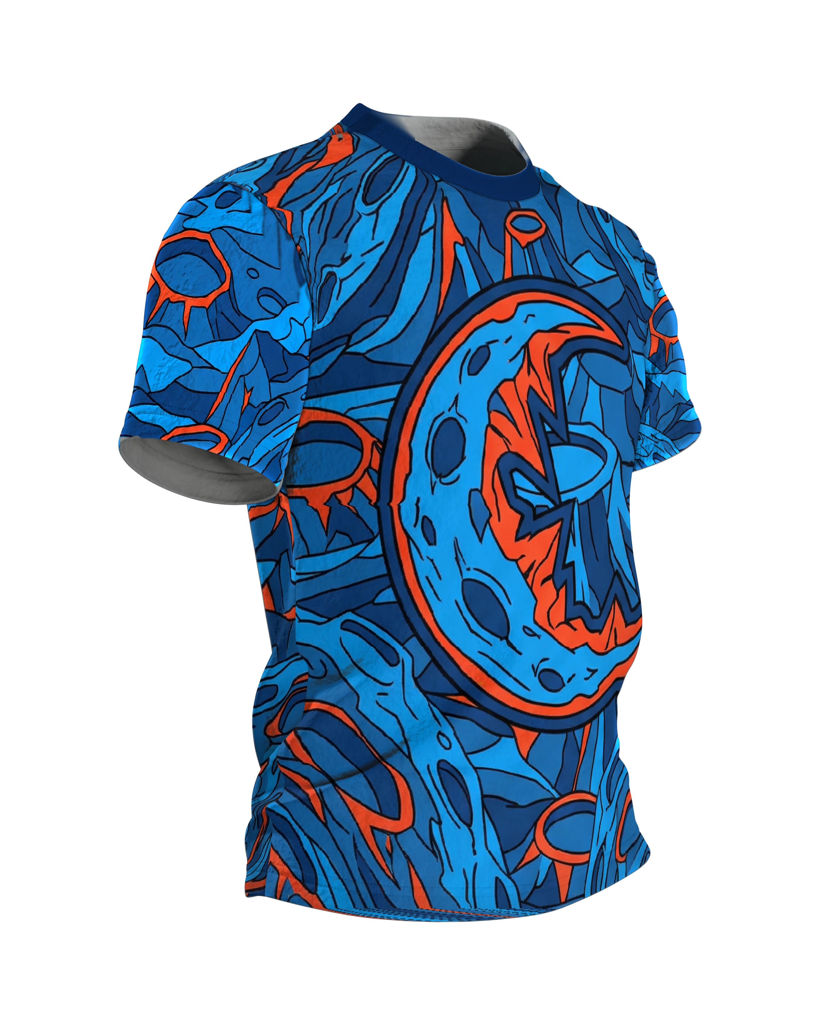 Alien Mond T-Shirt, grinsender Halbmond im Comic-Stil Blau Orange, Seitenansicht links