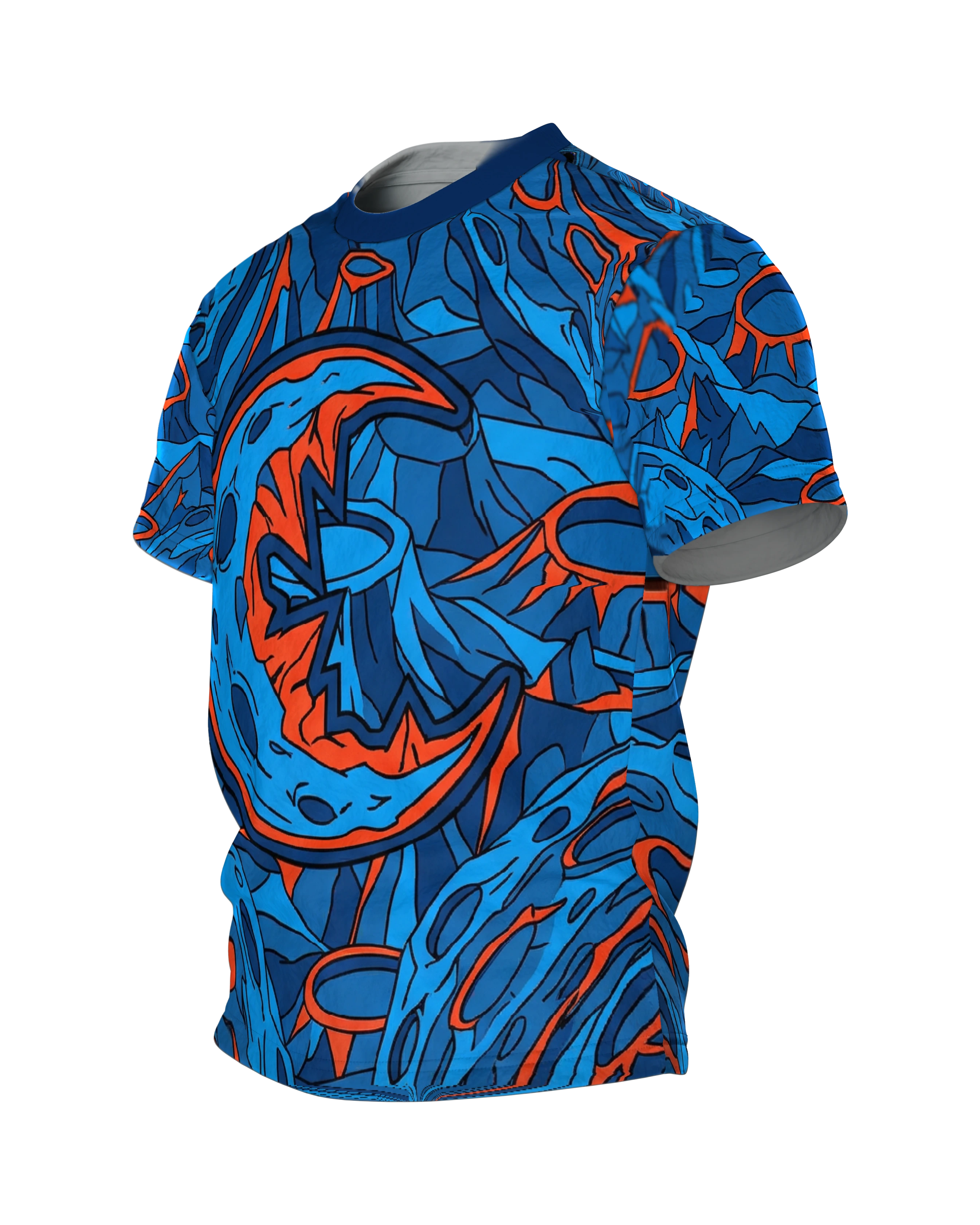 Alien Mond T-Shirt, grinsender Halbmond im Comic-Stil Blau Orange, Seitenansicht rechts