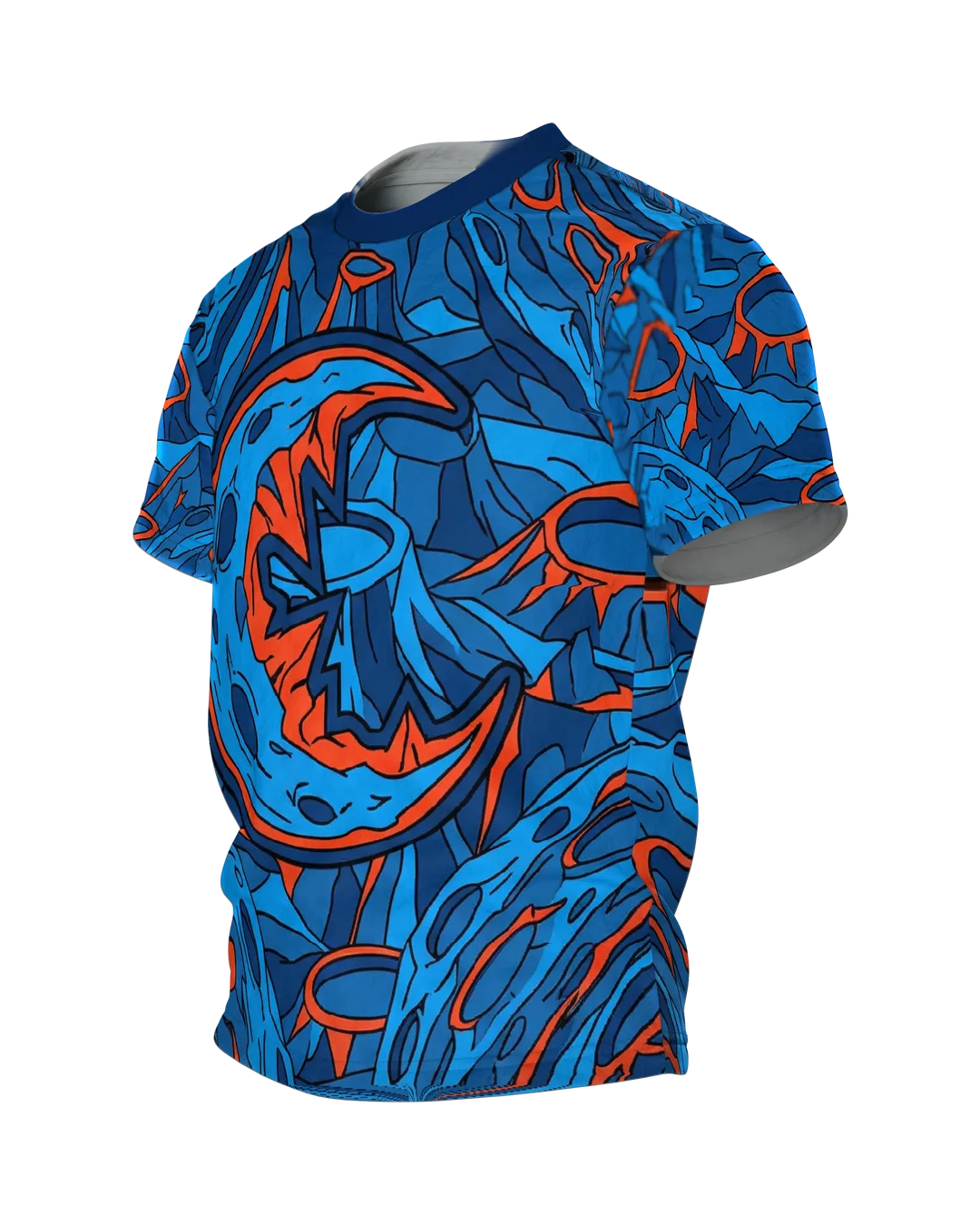 Alien Mond T-Shirt, grinsender Halbmond im Comic-Stil Blau Orange, Seitenansicht rechts