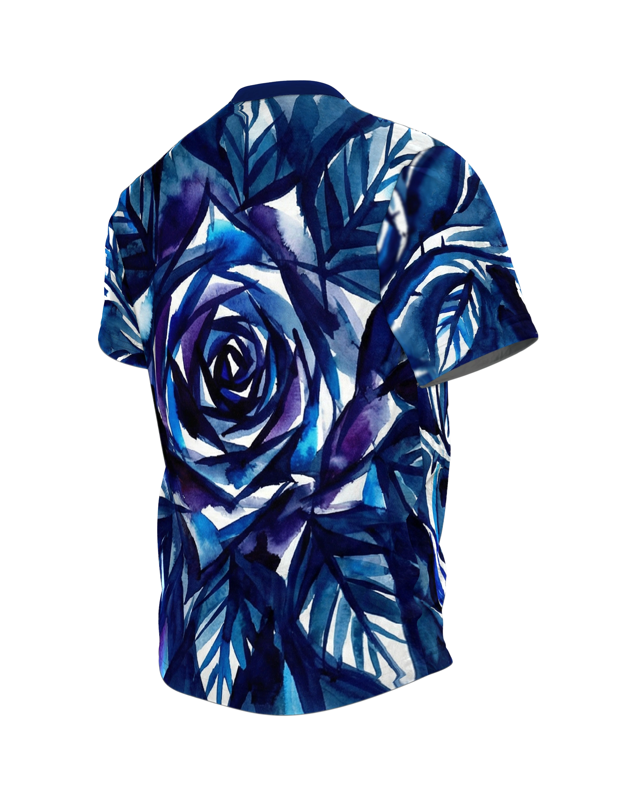 Tintenrose T-Shirt, expressive Indigo-Tuschmalerei mit Draufsicht-Rose am Rücken, Rückseite schräg links