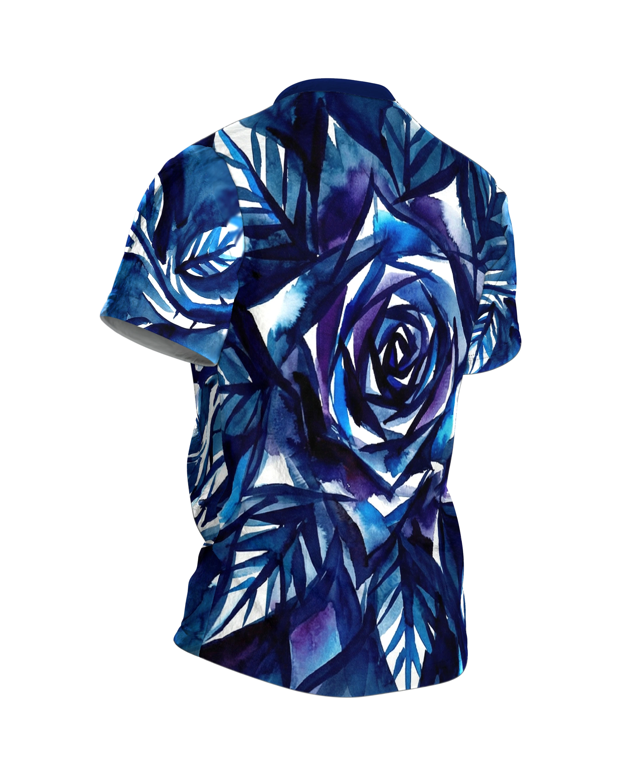 Tintenrose T-Shirt, expressive Indigo-Tuschmalerei mit Draufsicht-Rose am Rücken, Rückseite schräg rechts