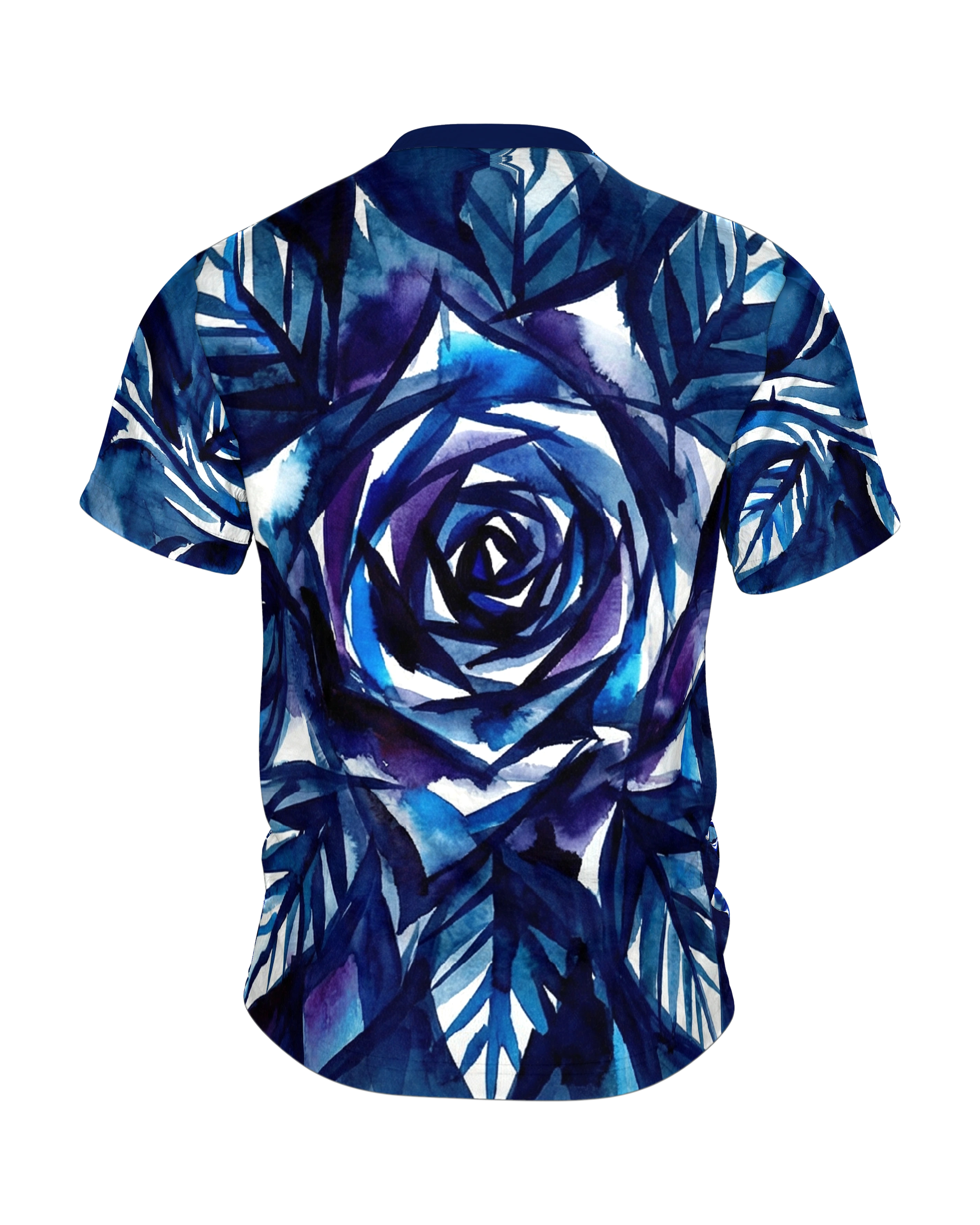 Tintenrose T-Shirt, expressive Indigo-Tuschmalerei mit Draufsicht-Rose am Rücken, Rückseite