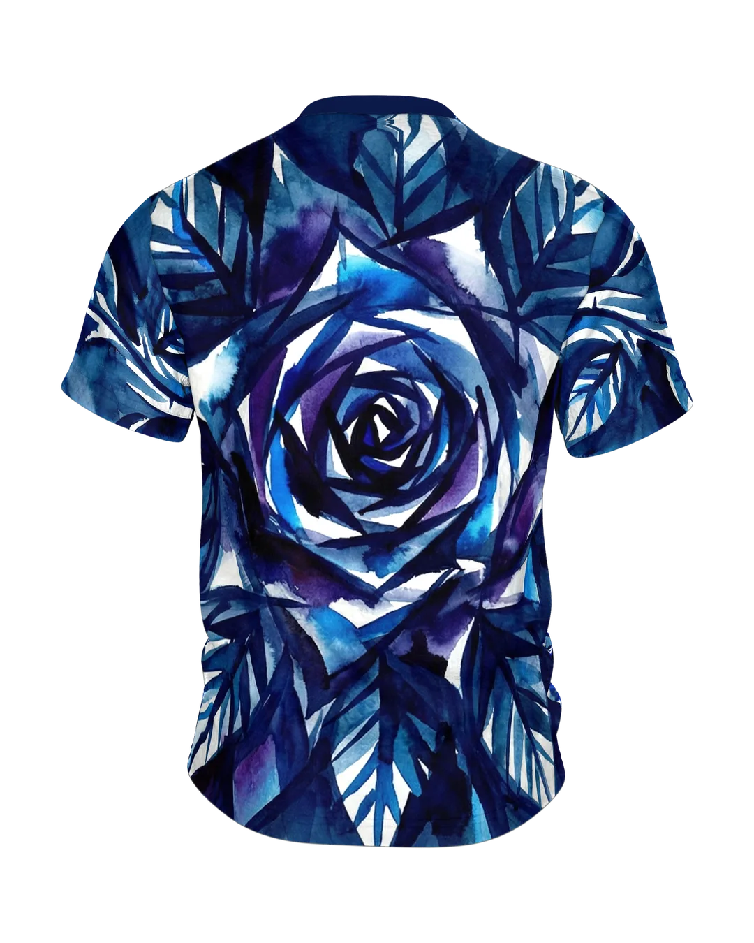 Tintenrose T-Shirt, expressive Indigo-Tuschmalerei mit Draufsicht-Rose am Rücken, Rückseite