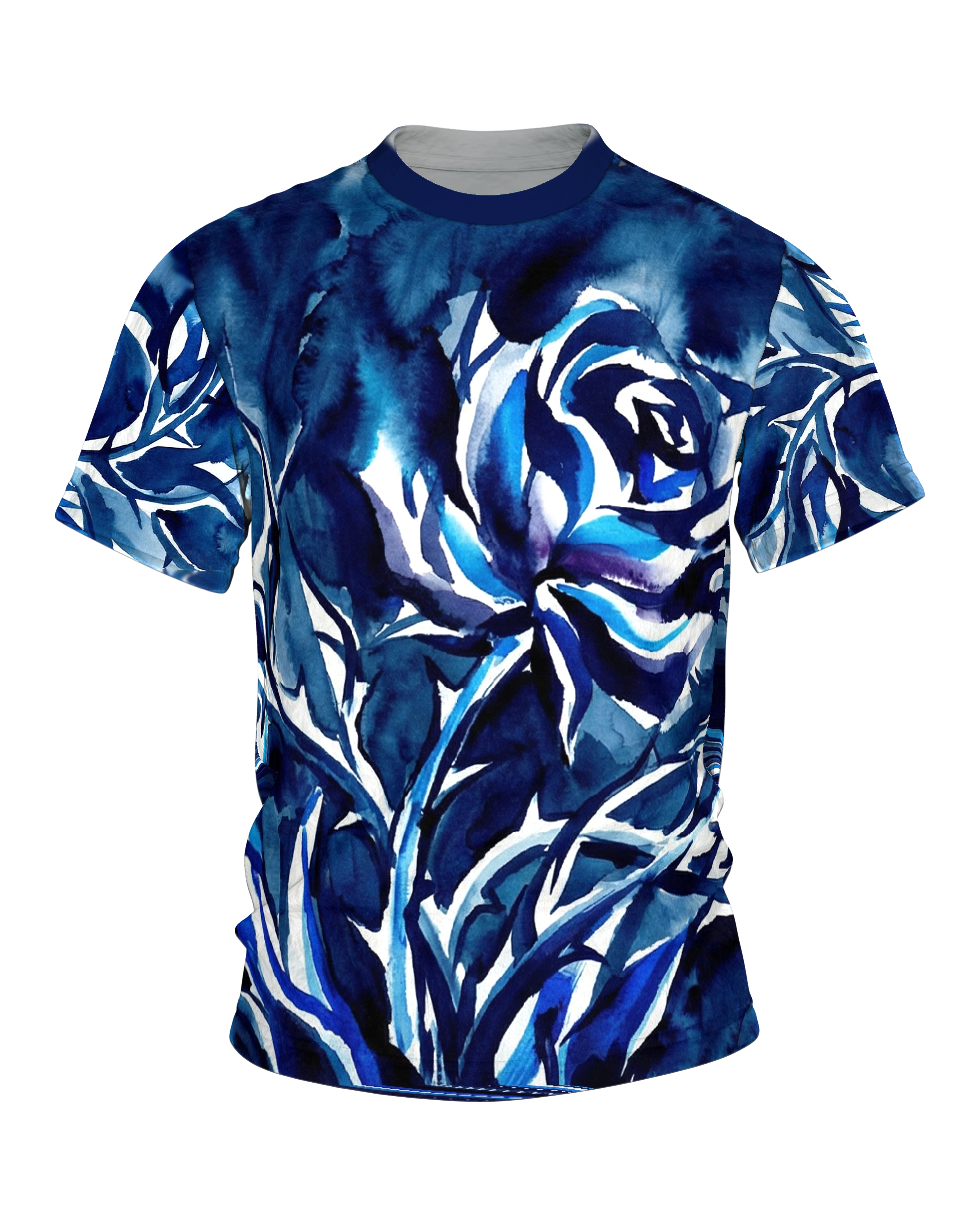 Tintenrose T-Shirt, expressive Indigo-Tuschmalerei mit Draufsicht-Rose am Rücken
