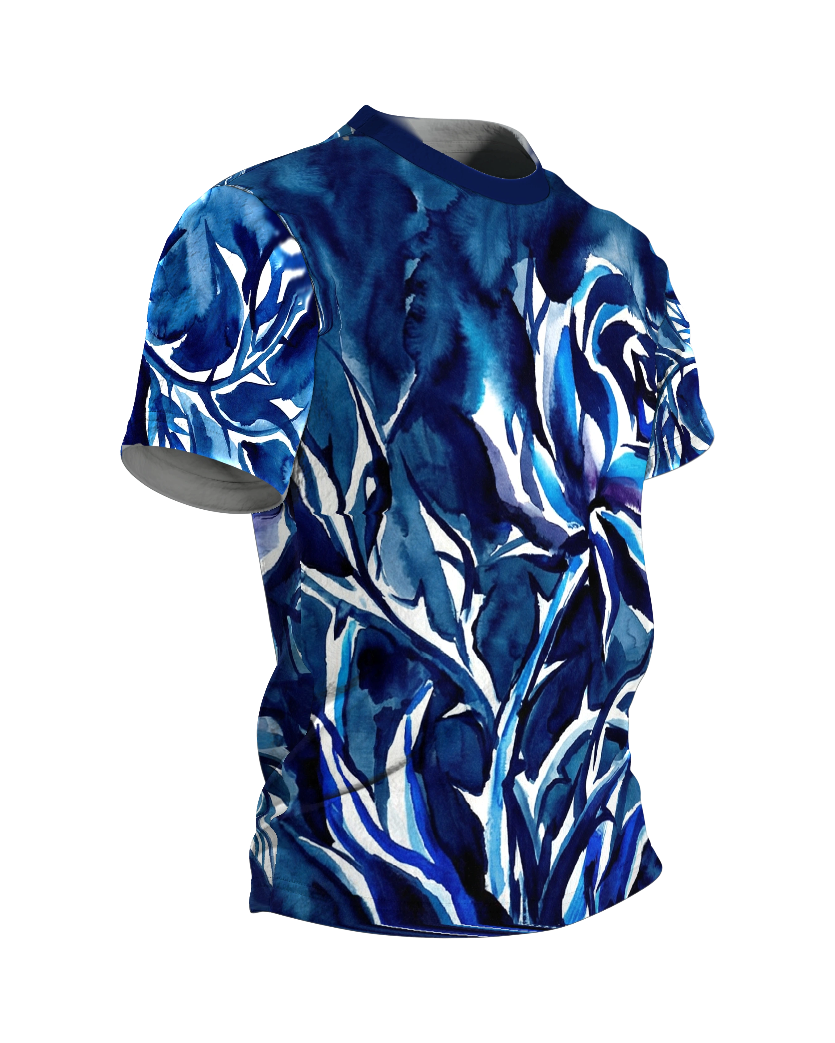Tintenrose T-Shirt, expressive Indigo-Tuschmalerei mit Draufsicht-Rose am Rücken, Seitenansicht links