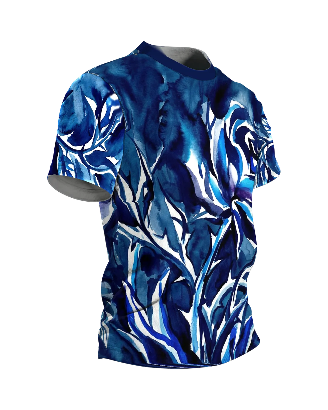 Tintenrose T-Shirt, expressive Indigo-Tuschmalerei mit Draufsicht-Rose am Rücken, Seitenansicht links