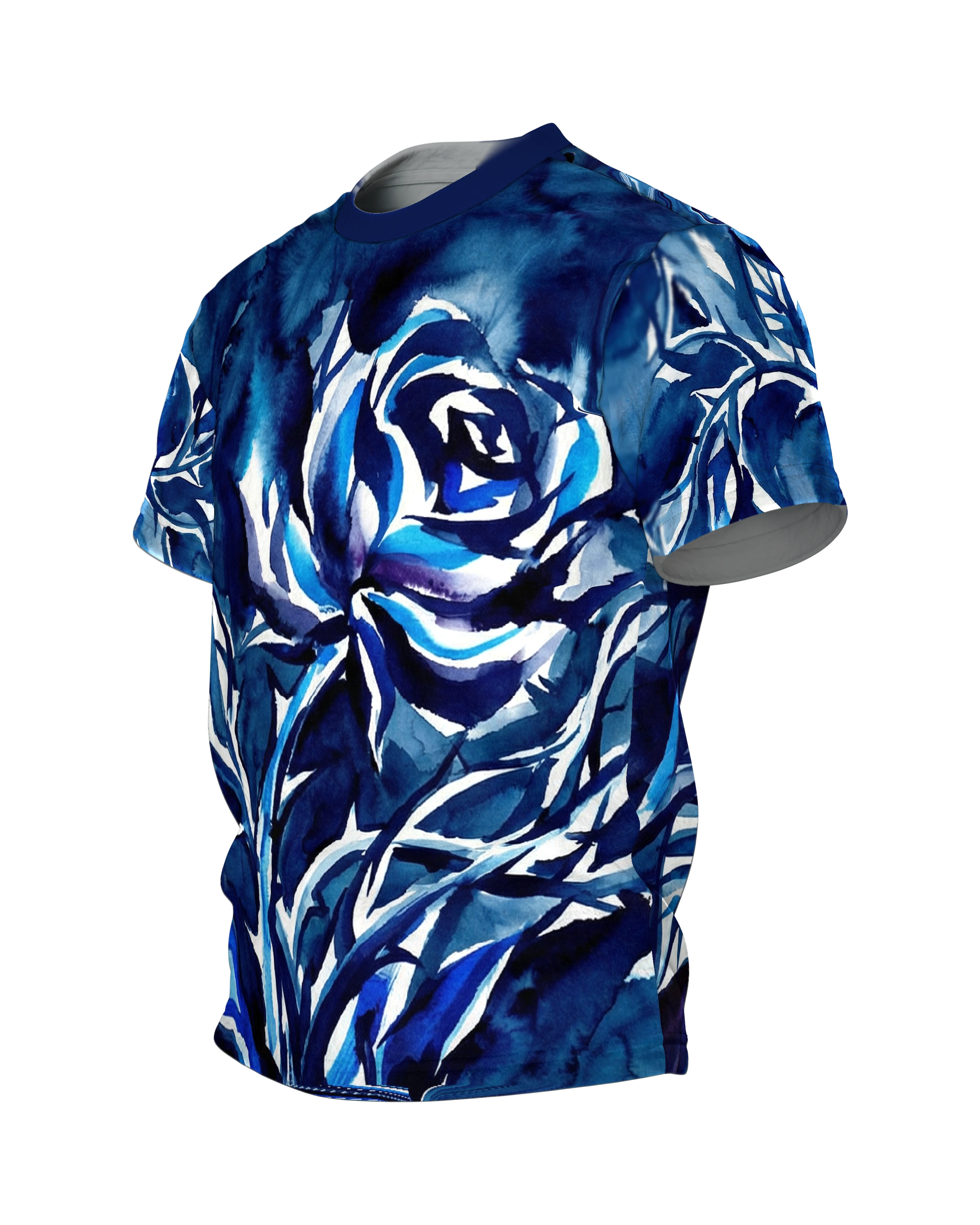 Tintenrose T-Shirt, expressive Indigo-Tuschmalerei mit Draufsicht-Rose am Rücken, Seitenansicht rechts