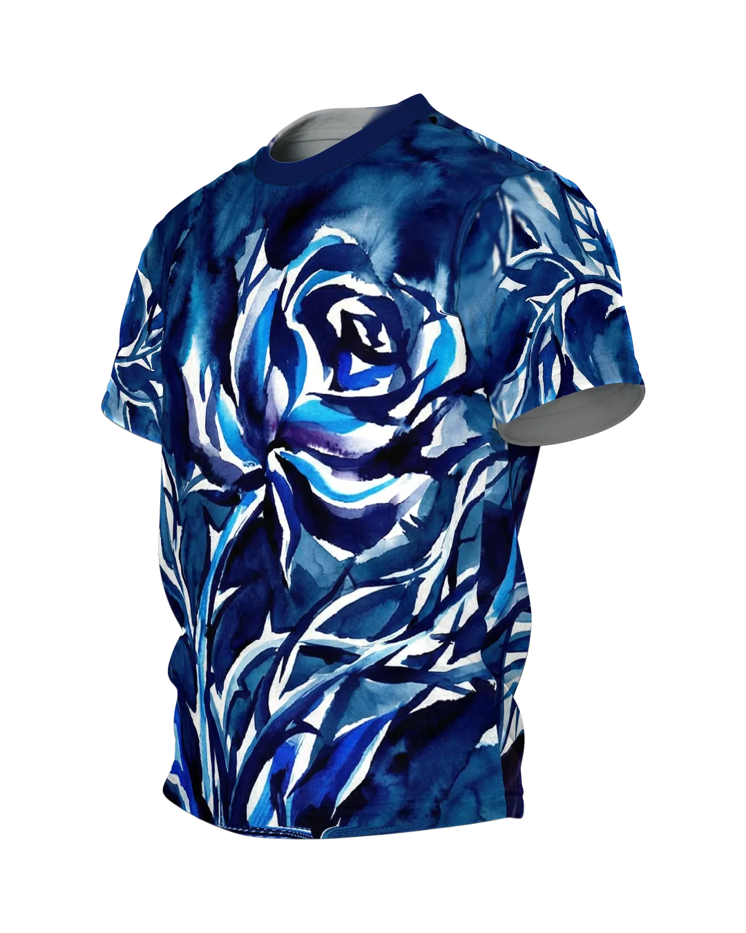 Tintenrose T-Shirt, expressive Indigo-Tuschmalerei mit Draufsicht-Rose am Rücken, Seitenansicht rechts