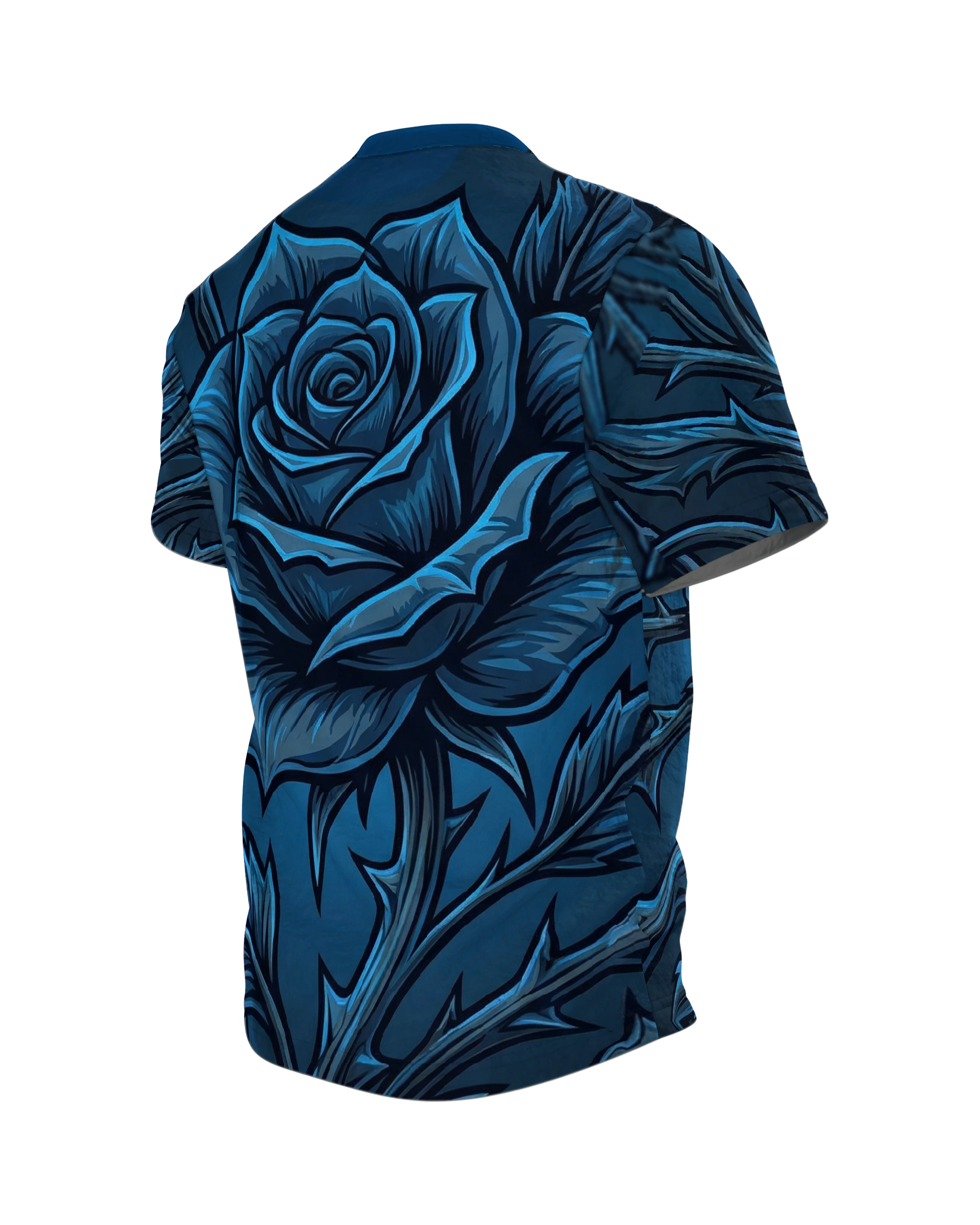 Blaue Dornenrose T-Shirt: Gothic Botanik, Rückseite schräg links