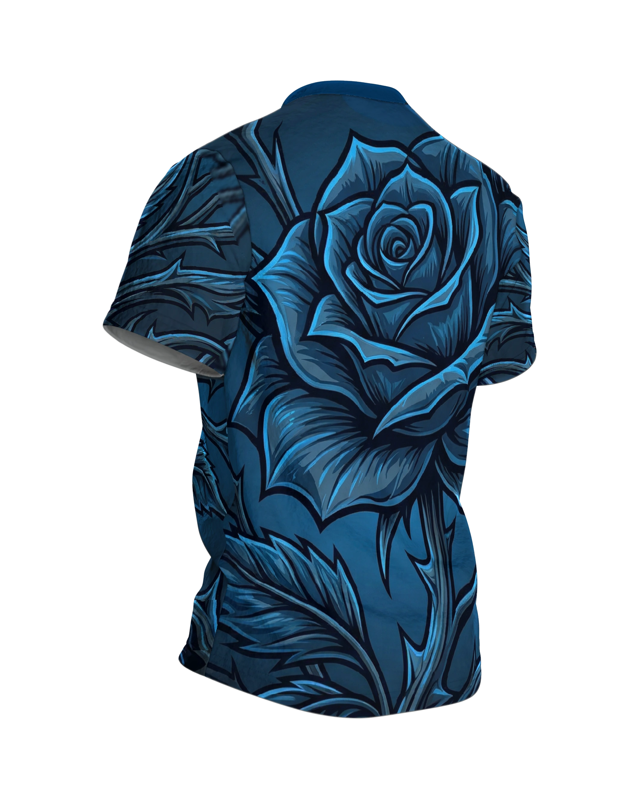 Blaue Dornenrose T-Shirt: Gothic Botanik, Rückseite schräg rechts