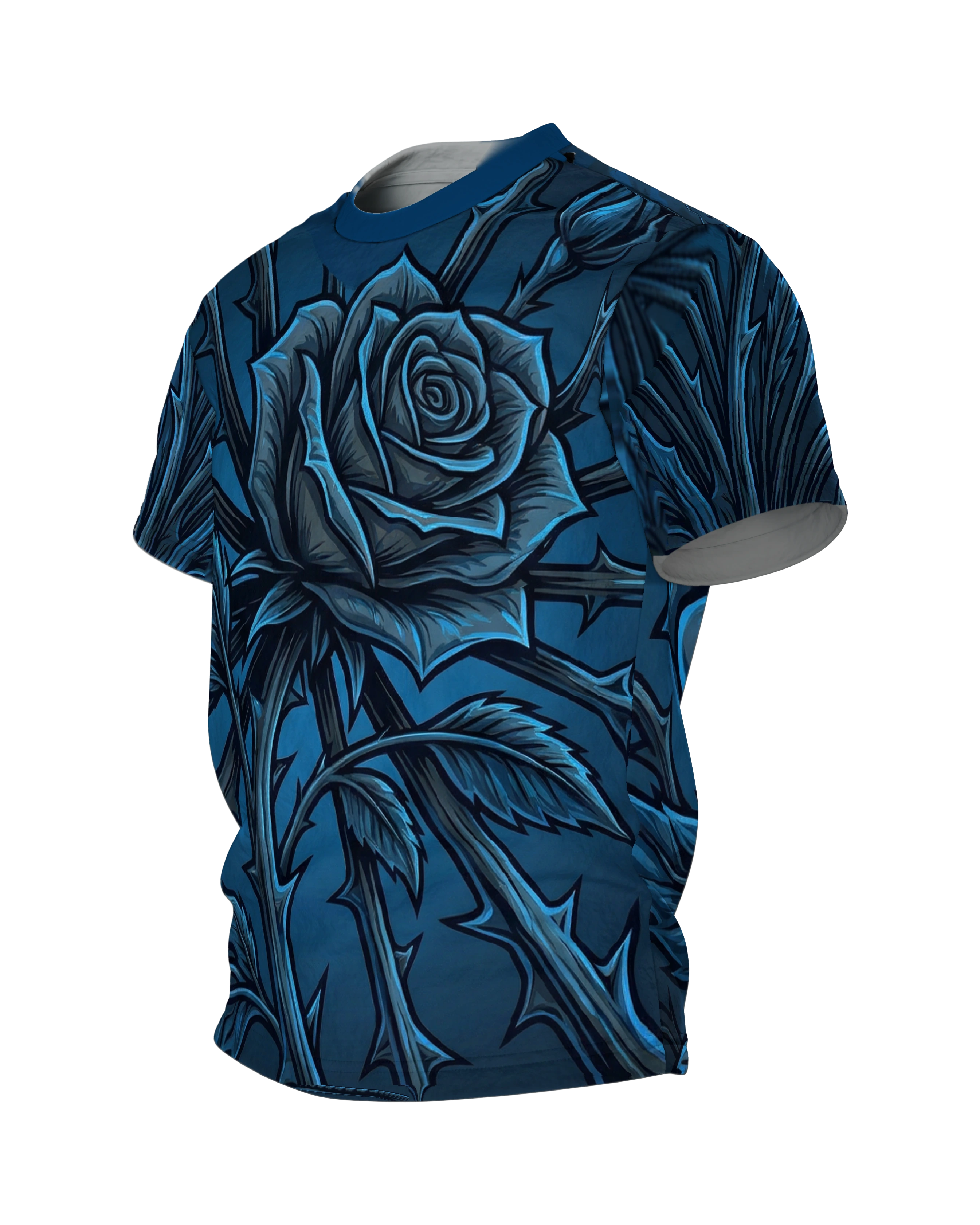 Blaue Dornenrose T-Shirt: Gothic Botanik, Seitenansicht rechts