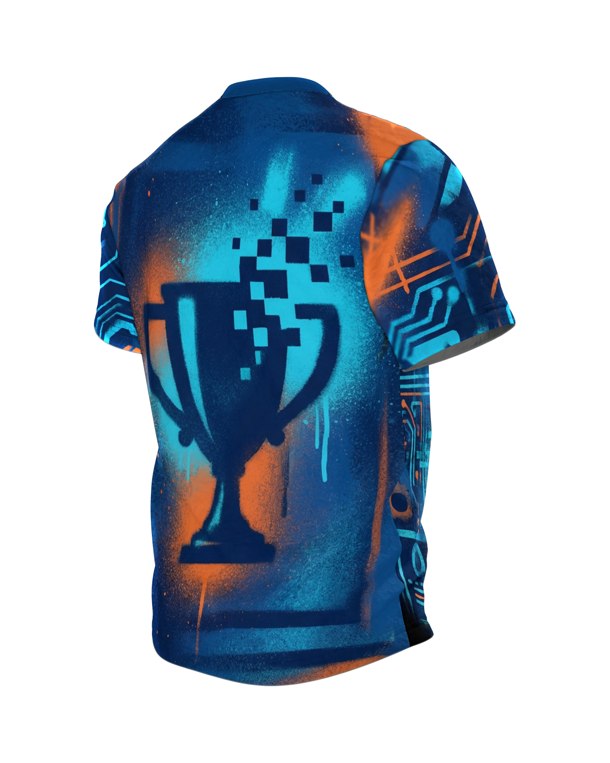 Gamer Achievement T-Shirt: Urban Cyberpunk Style, Rückseite schräg links