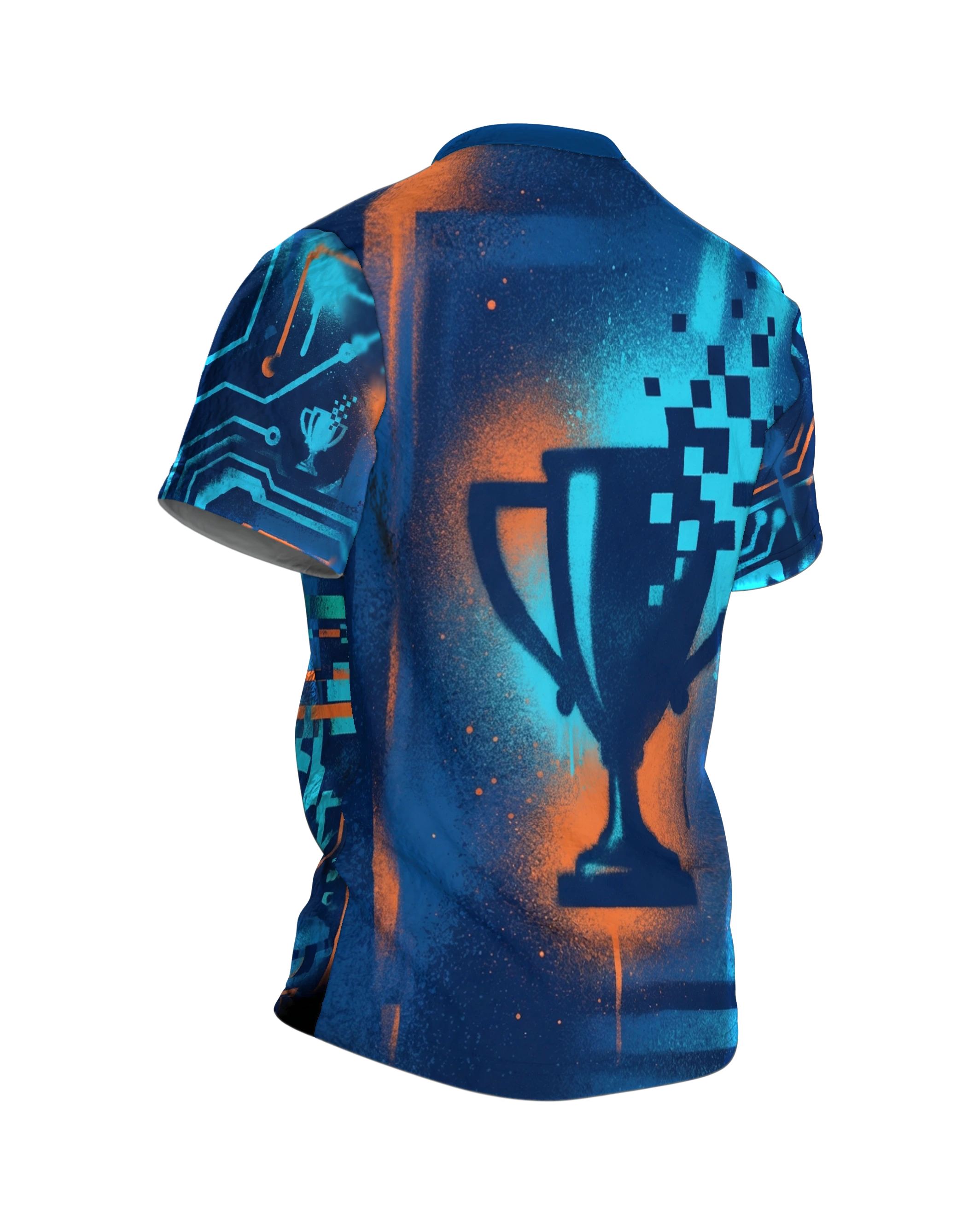 Gamer Achievement T-Shirt: Urban Cyberpunk Style, Rückseite schräg rechts