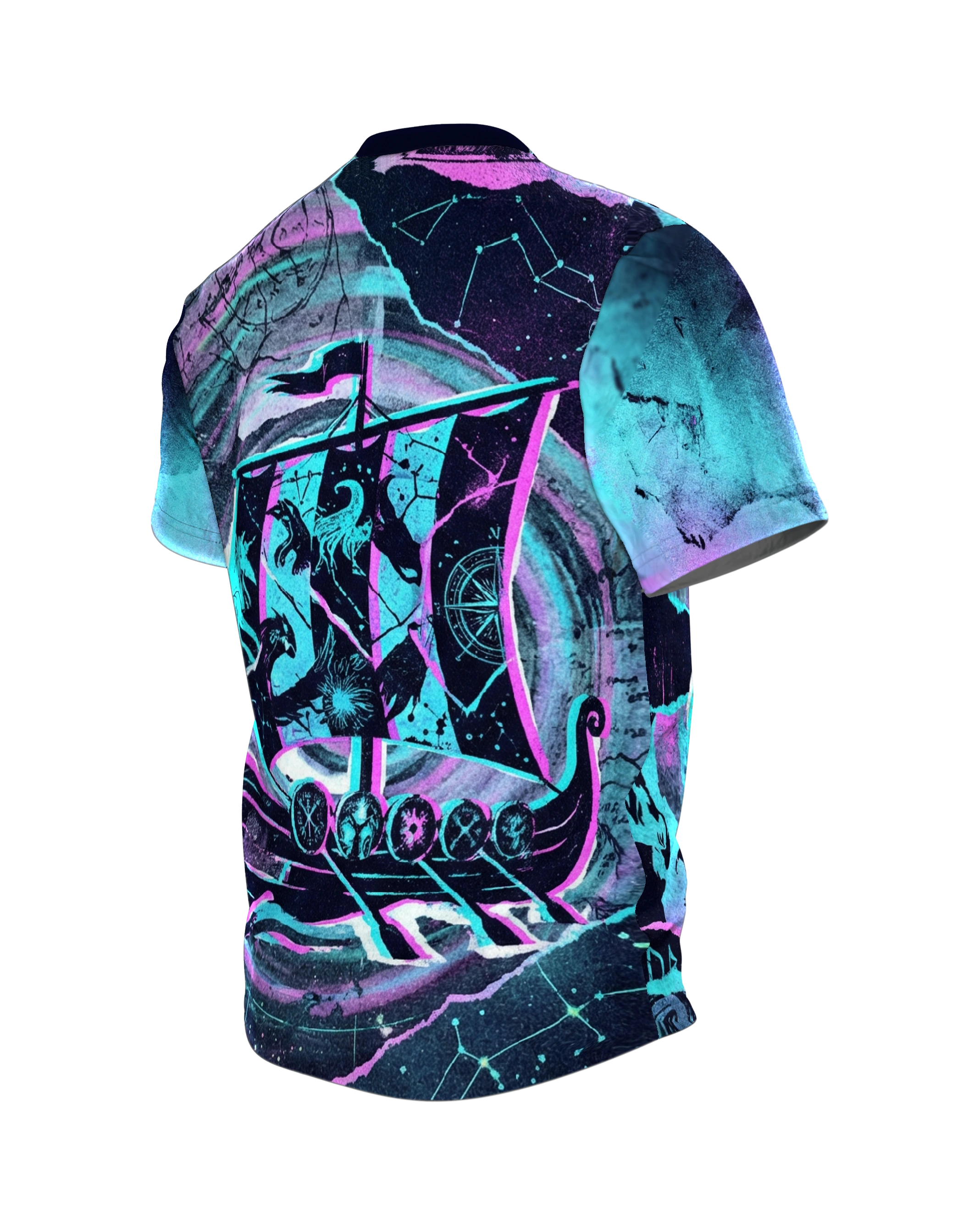 Neon Wikinger Axt T-Shirt: Glitch Art, Rückseite schräg links