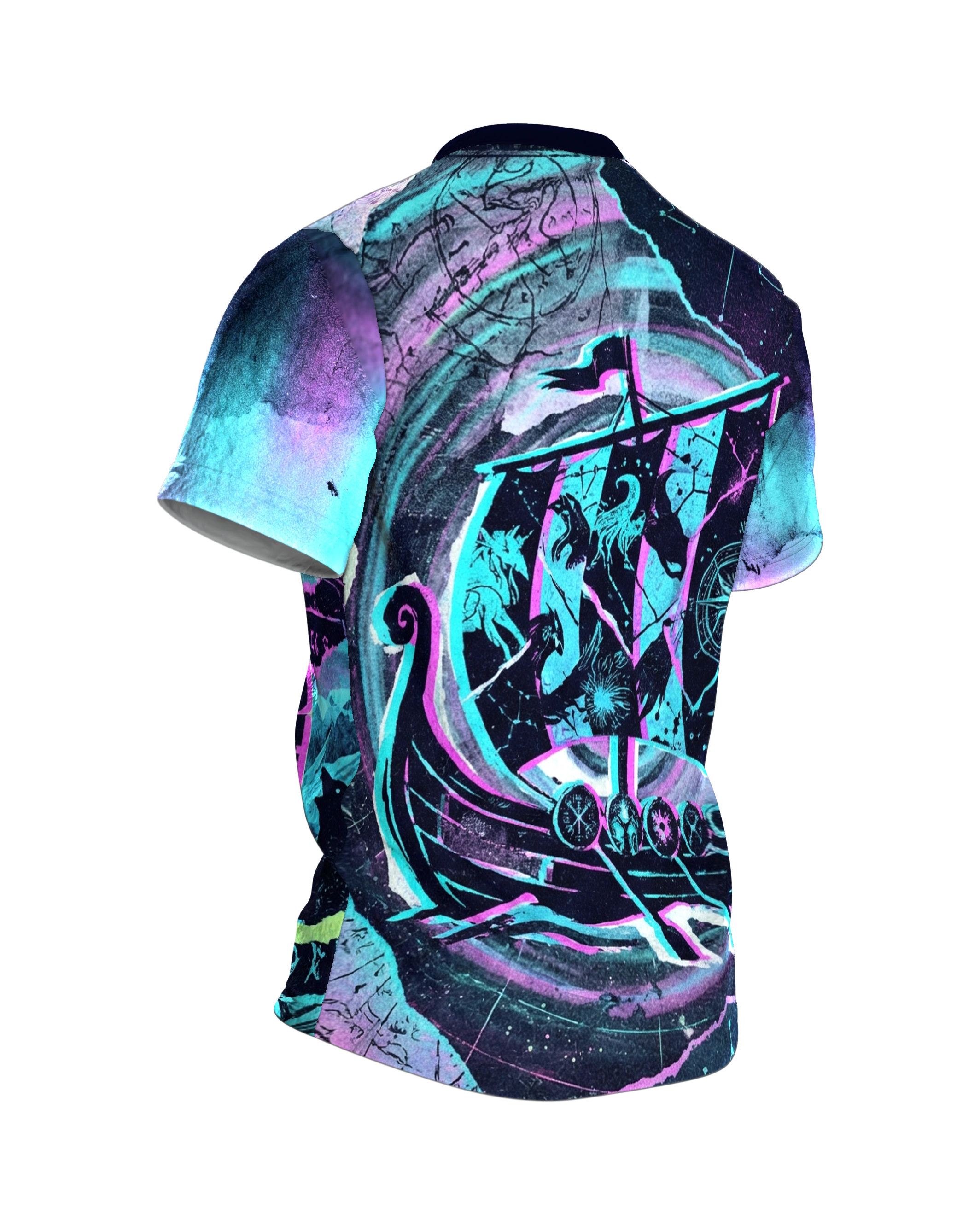 Neon Wikinger Axt T-Shirt: Glitch Art, Rückseite schräg rechts