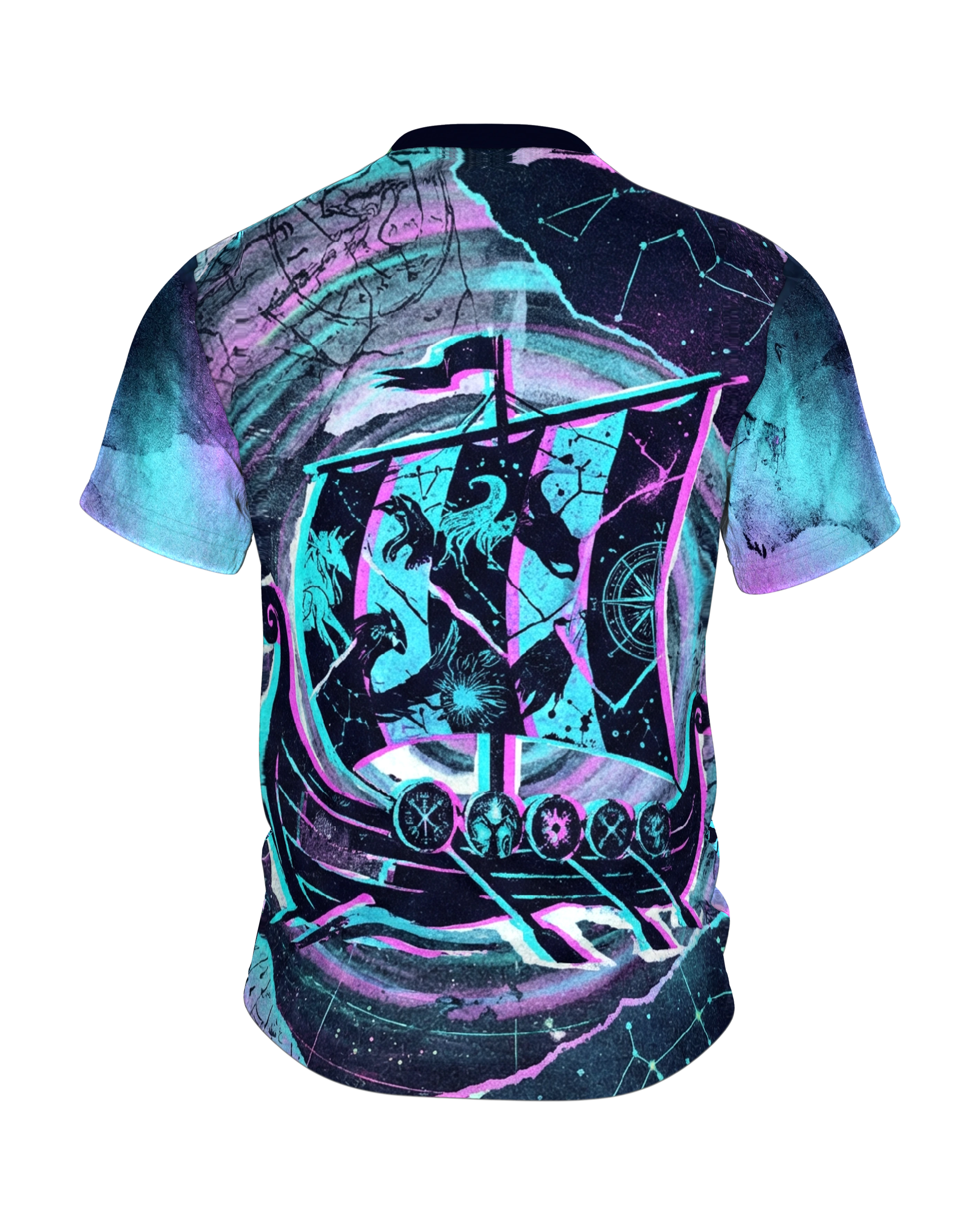 Neon Wikinger Axt T-Shirt: Glitch Art, Rückseite