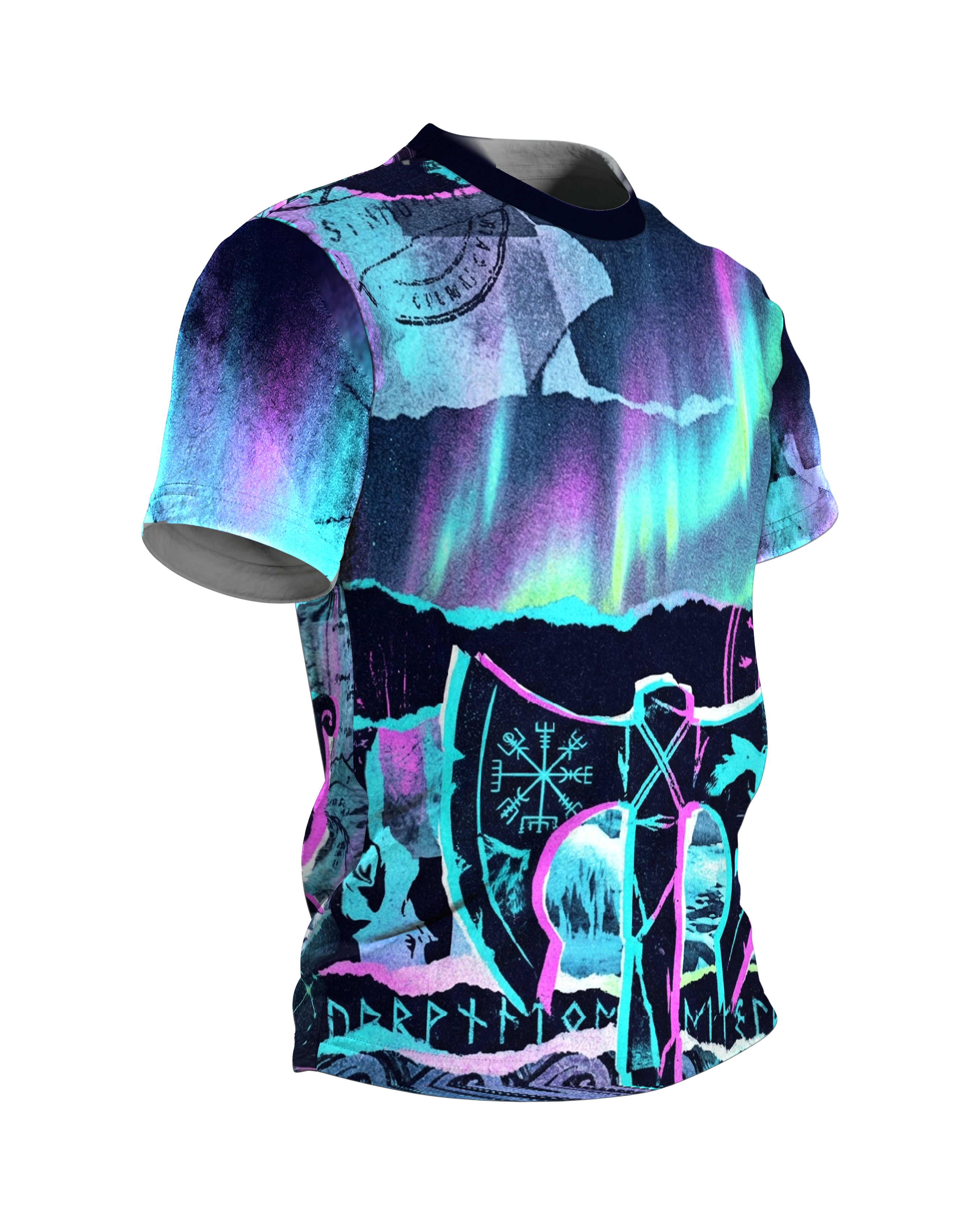 Neon Wikinger Axt T-Shirt: Glitch Art, Seitenansicht links