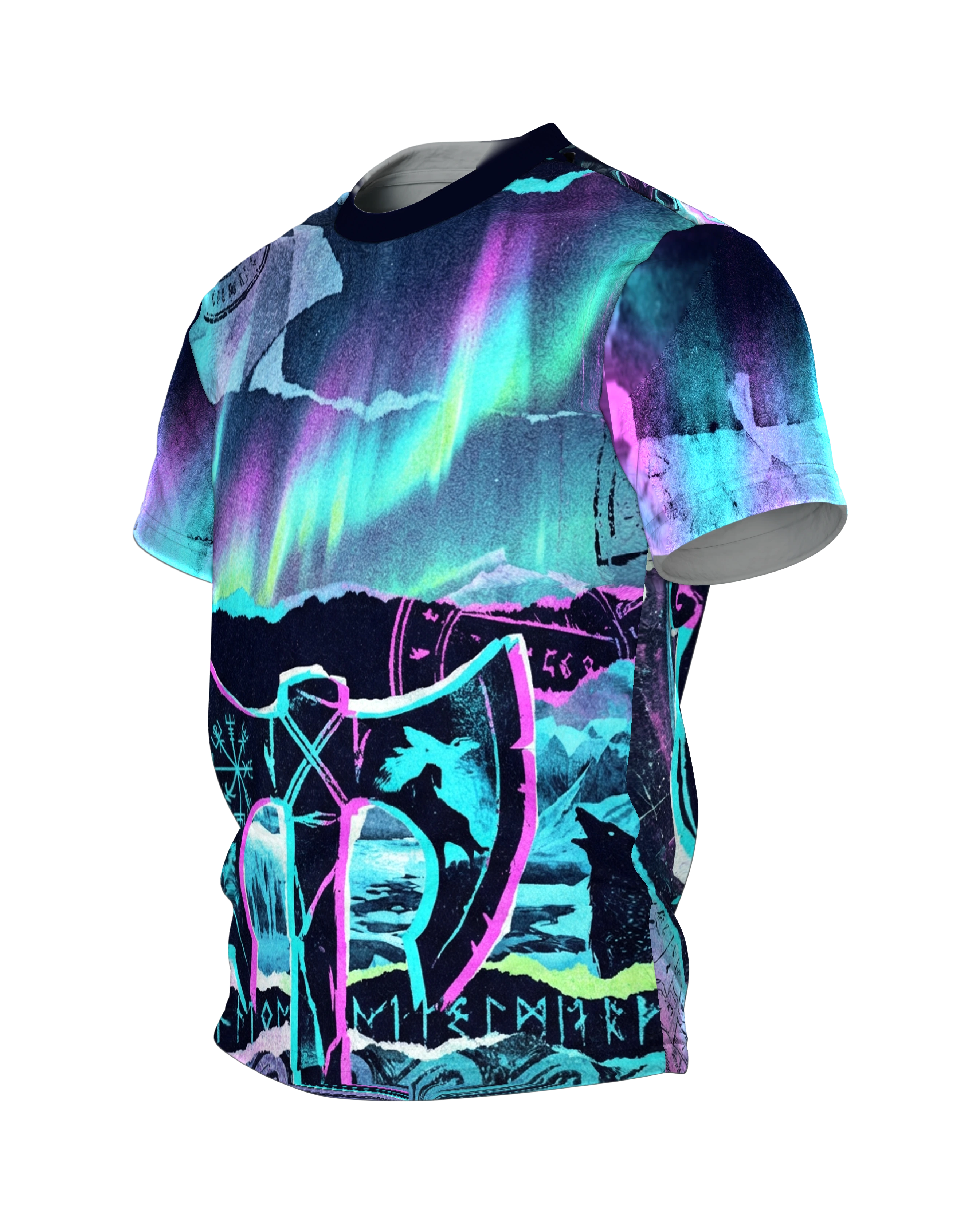 Neon Wikinger Axt T-Shirt: Glitch Art, Seitenansicht rechts