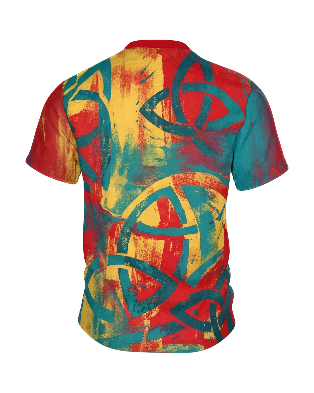 Keltischer Knoten T-Shirt, Spirale und Kleeblatt im Grunge-Fries, Rückseite