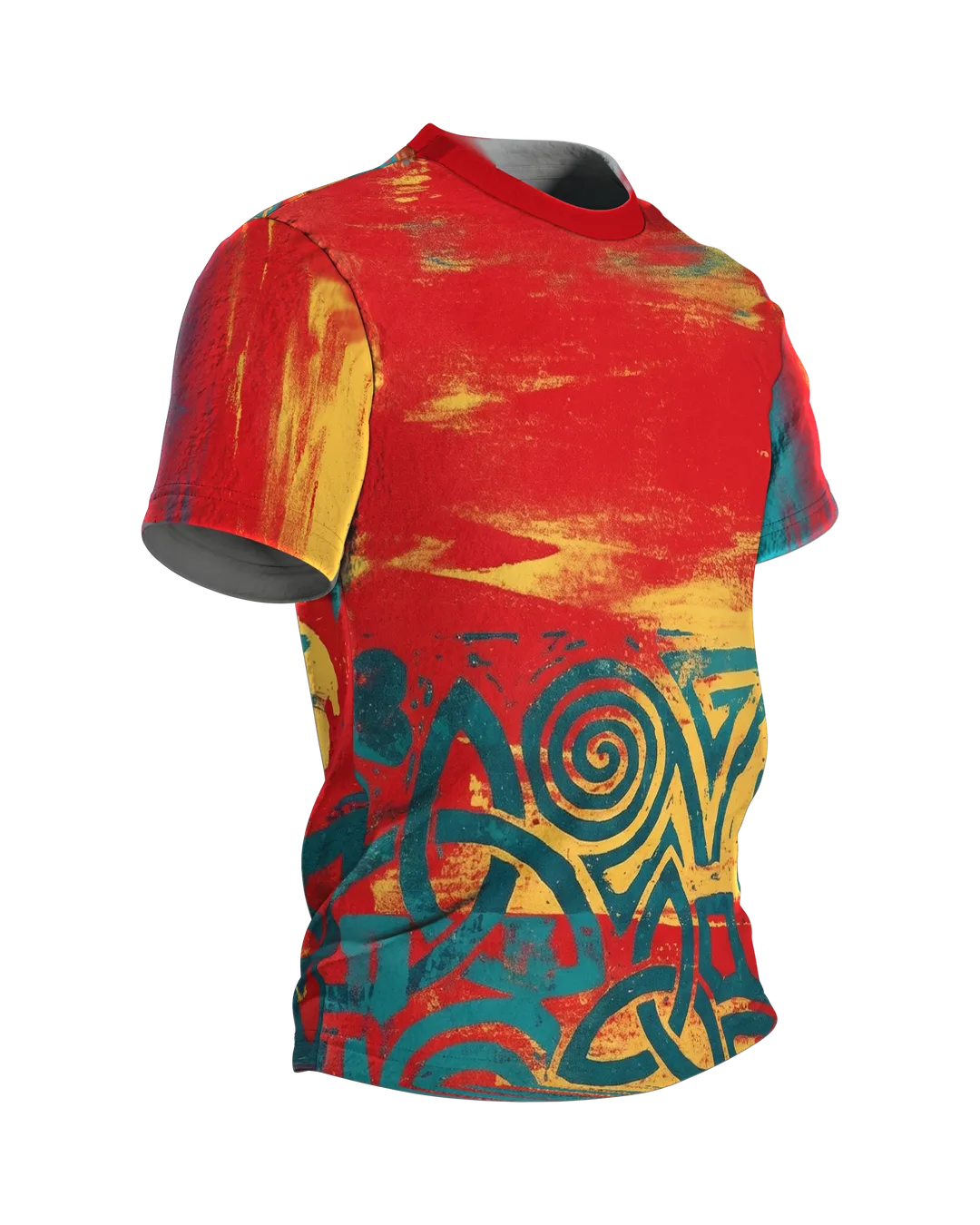 Keltischer Knoten T-Shirt, Spirale und Kleeblatt im Grunge-Fries, Seitenansicht links