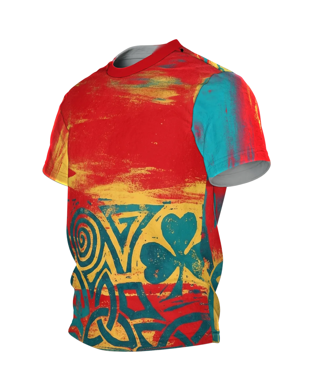 Keltischer Knoten T-Shirt, Spirale und Kleeblatt im Grunge-Fries, Seitenansicht rechts