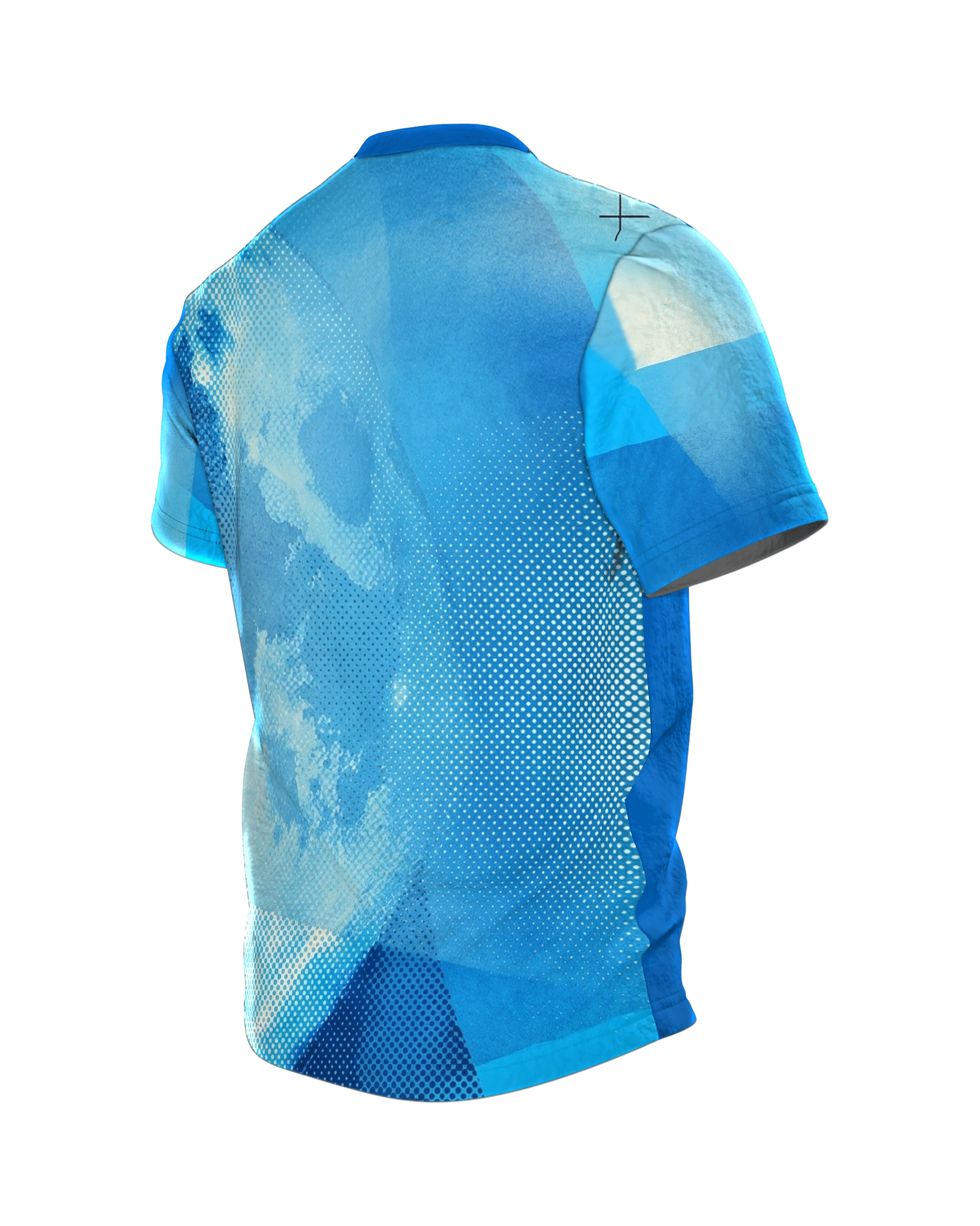 Halftone Mond T-Shirt, Monochrom Blau im Fotodruck-Raster, Rückseite schräg links