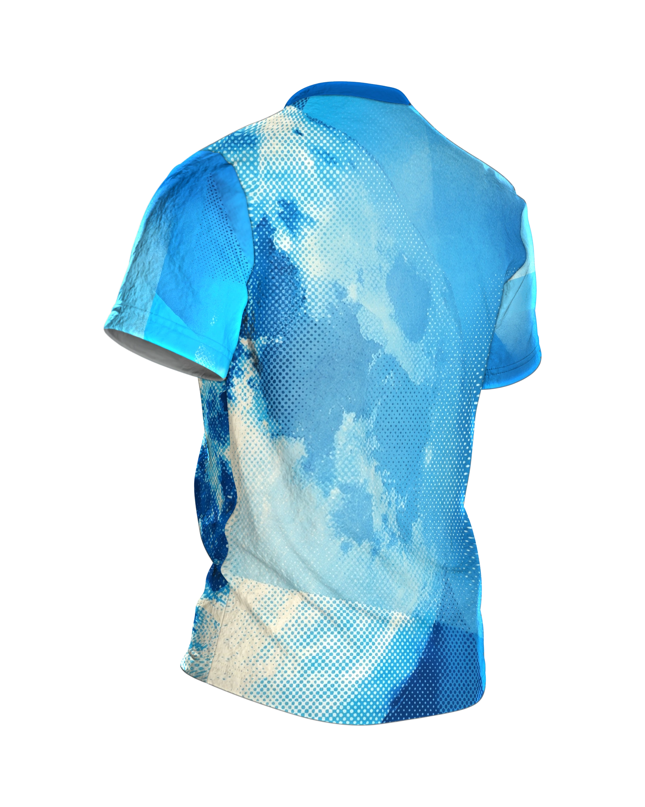 Halftone Mond T-Shirt, Monochrom Blau im Fotodruck-Raster, Rückseite schräg rechts
