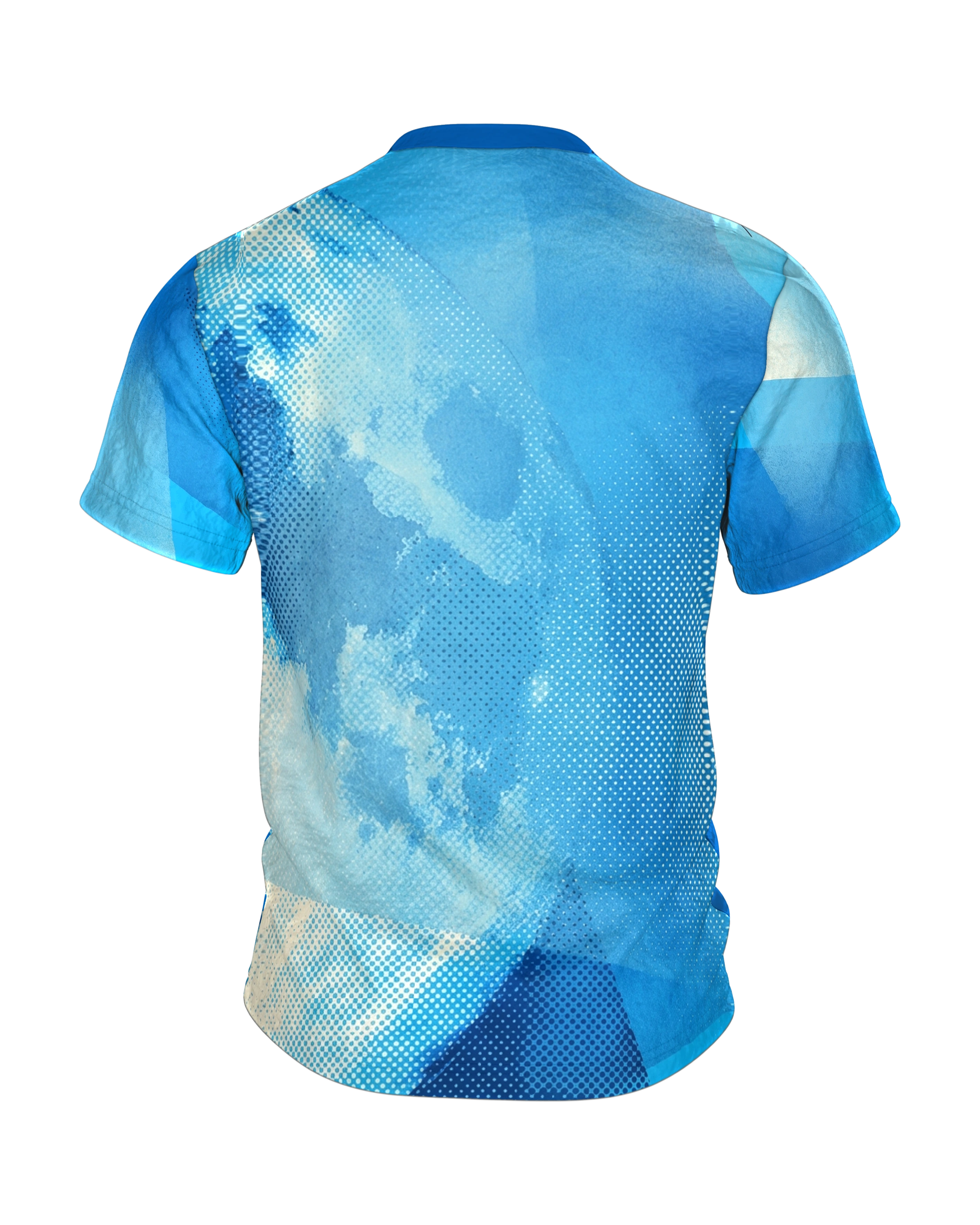 Halftone Mond T-Shirt, Monochrom Blau im Fotodruck-Raster, Rückseite
