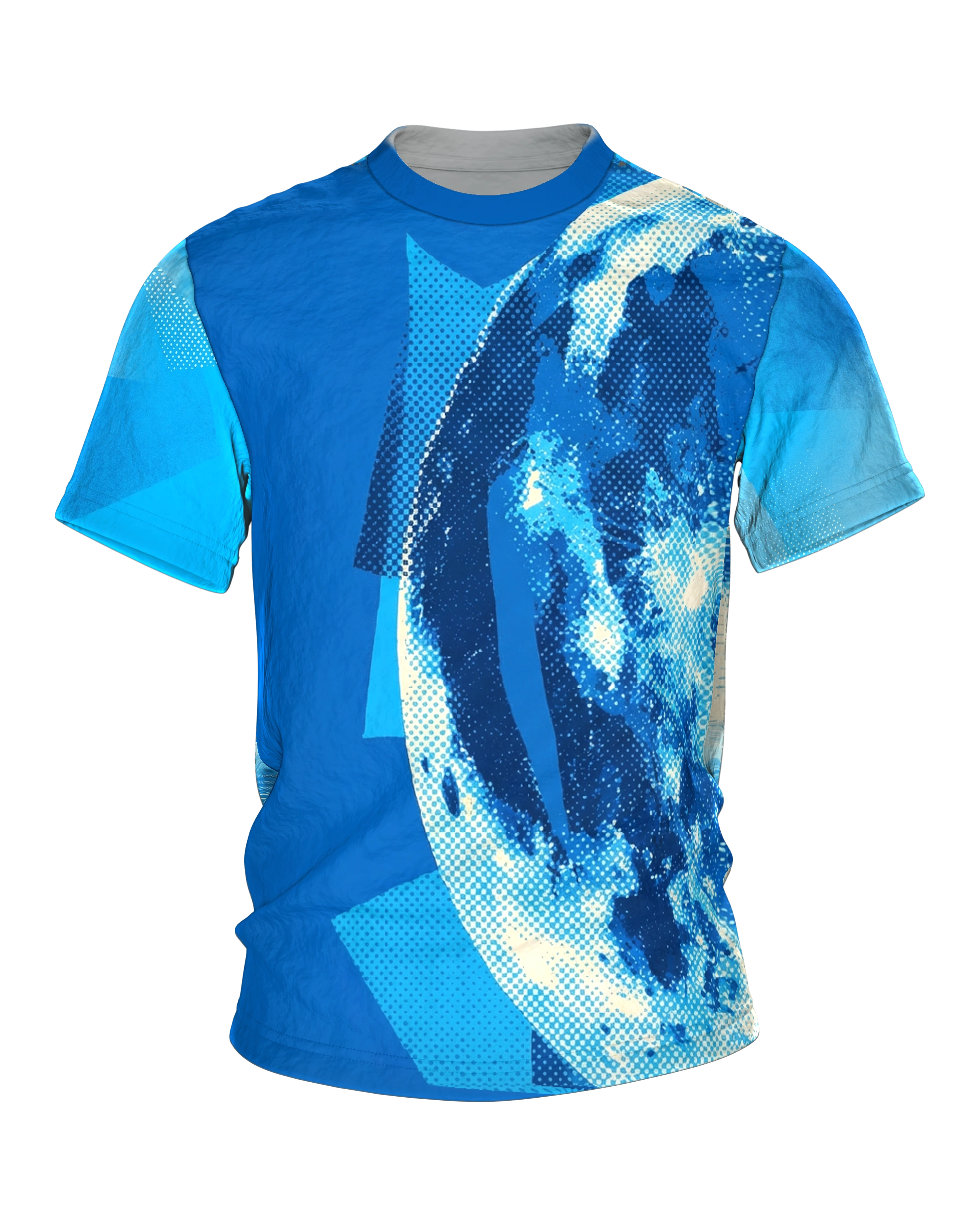 Halftone Mond T-Shirt, Monochrom Blau im Fotodruck-Raster