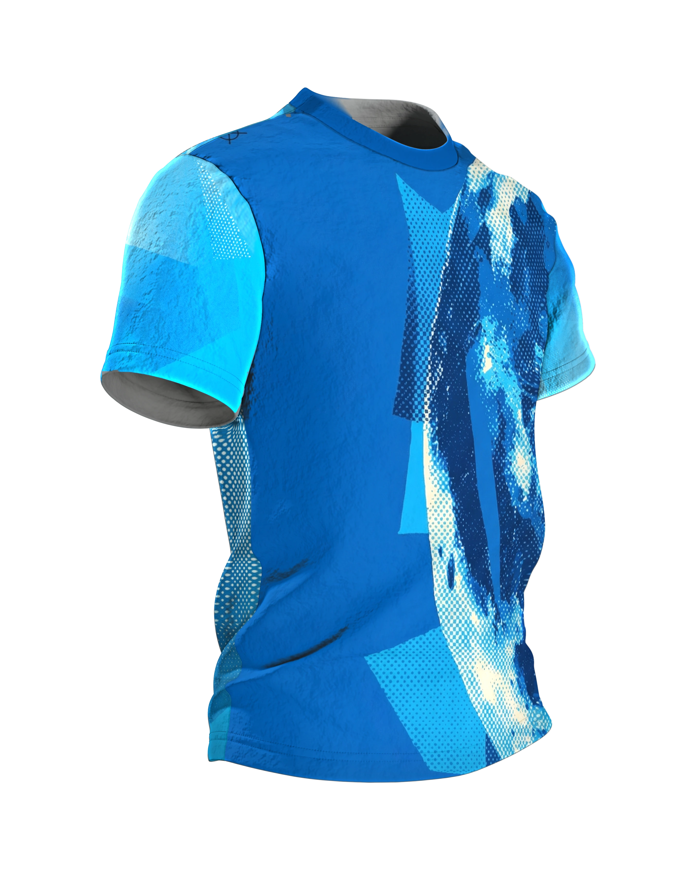 Halftone Mond T-Shirt, Monochrom Blau im Fotodruck-Raster, Seitenansicht links