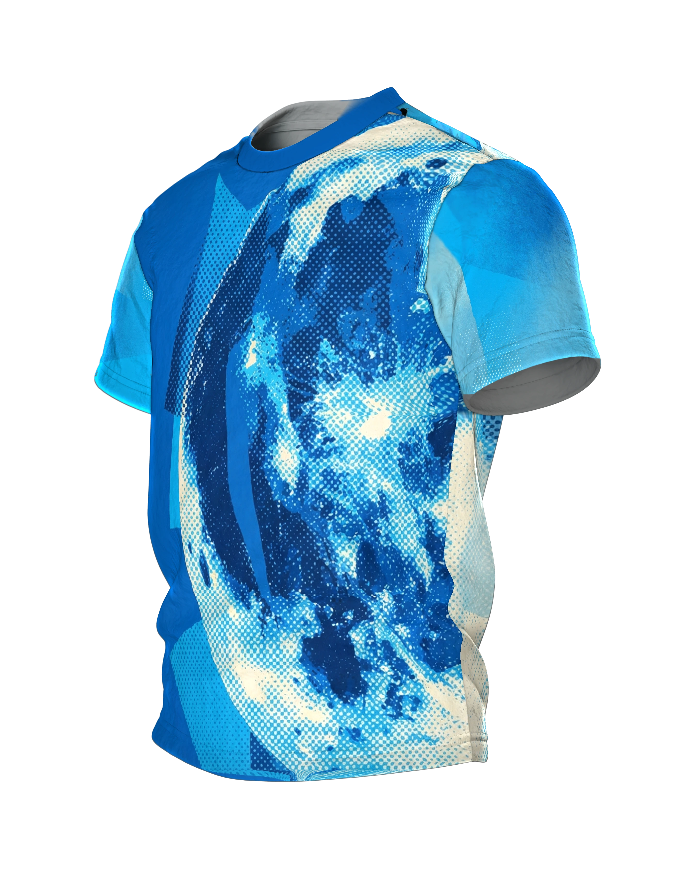 Halftone Mond T-Shirt, Monochrom Blau im Fotodruck-Raster, Seitenansicht rechts