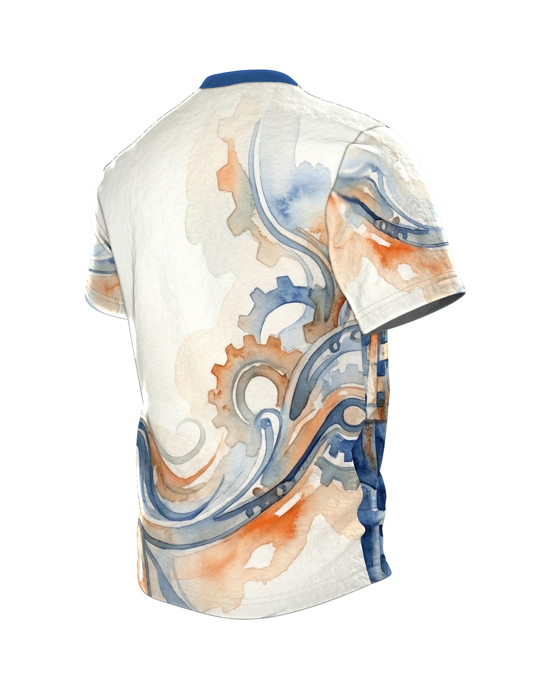Mechanisches Pferd T-Shirt: Uhrwerk und Aquarell in Blau und Rost, Rückseite schräg links