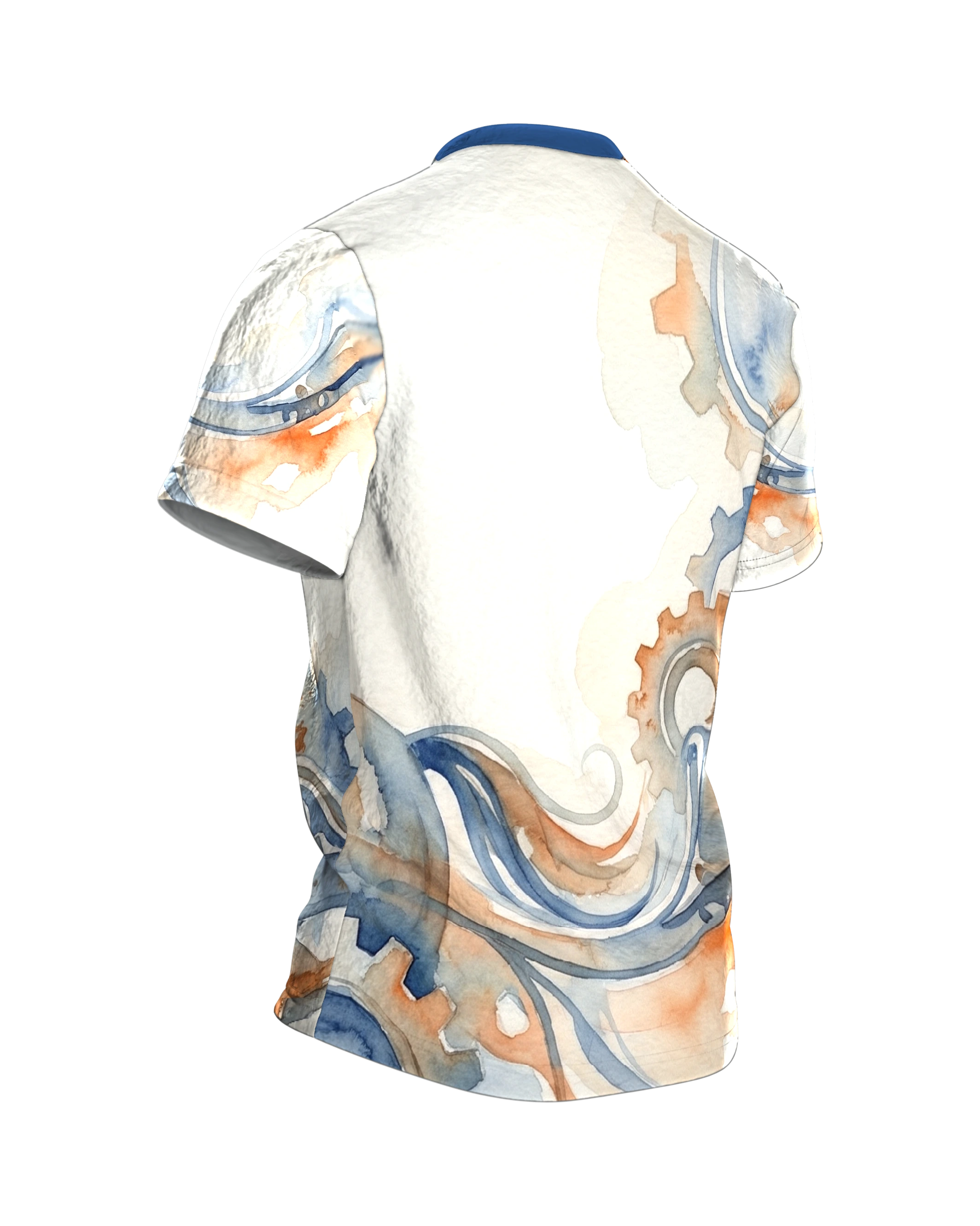 Mechanisches Pferd T-Shirt: Uhrwerk und Aquarell in Blau und Rost, Rückseite schräg rechts