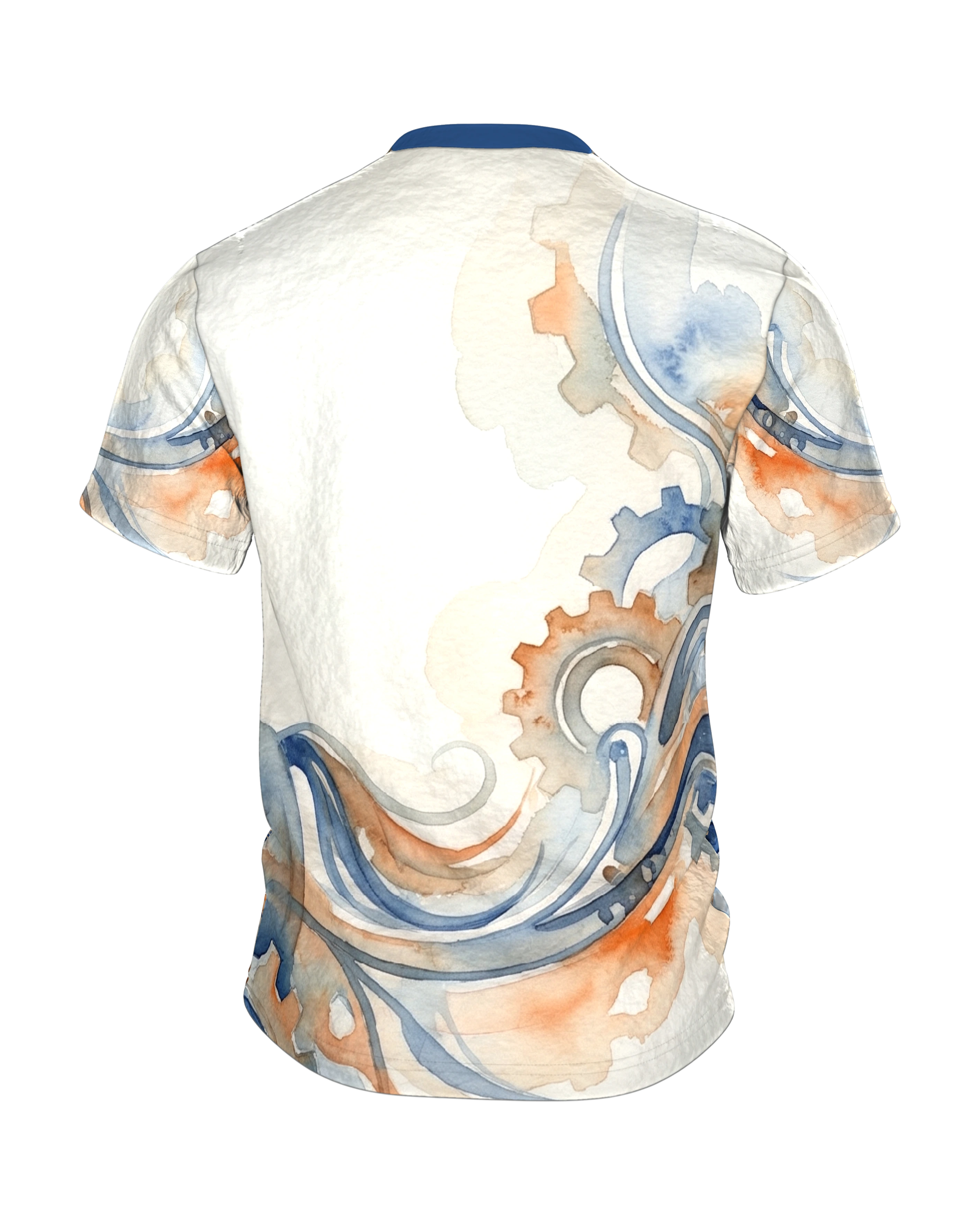 Mechanisches Pferd T-Shirt: Uhrwerk und Aquarell in Blau und Rost, Rückseite