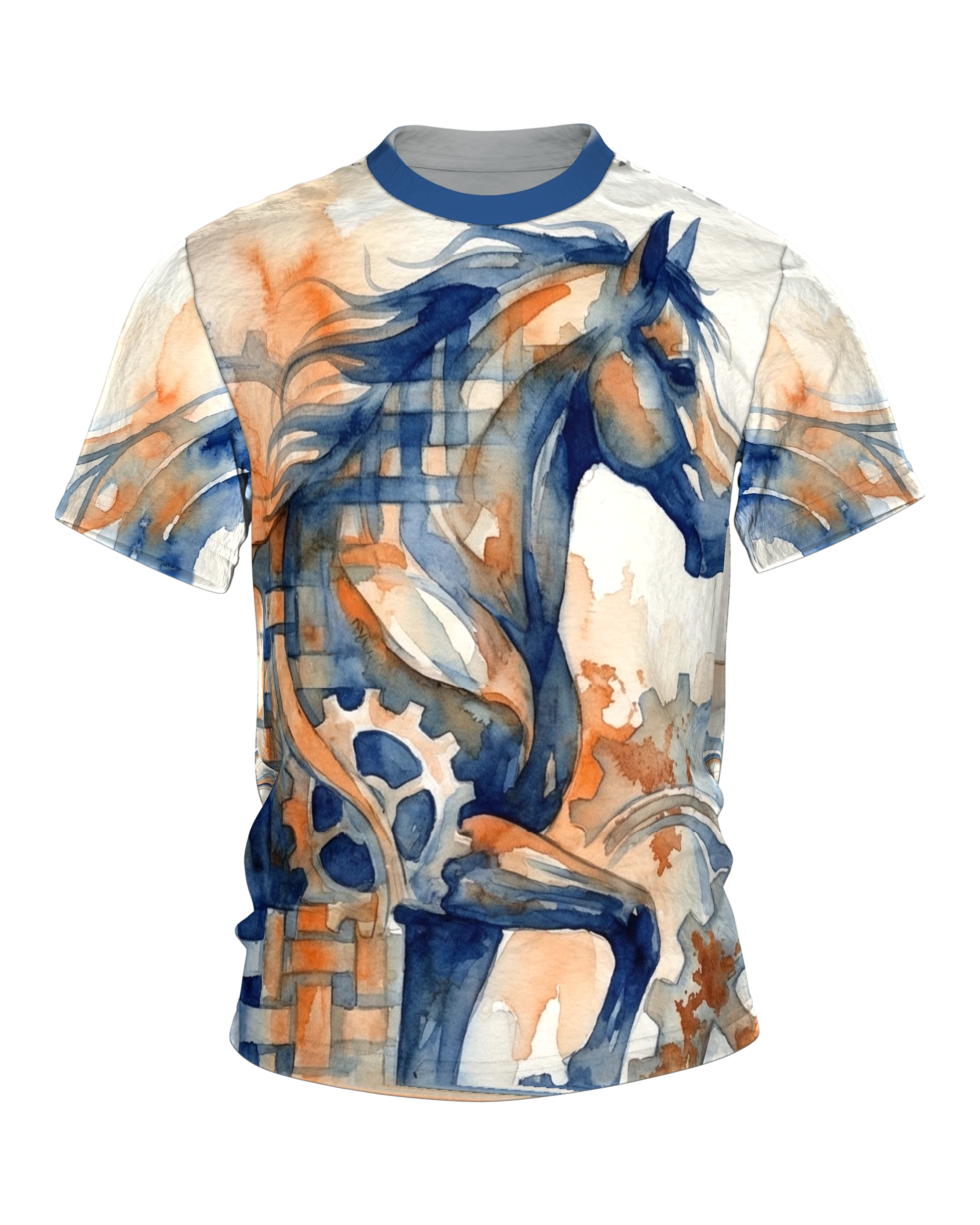 Mechanisches Pferd T-Shirt: Uhrwerk und Aquarell in Blau und Rost
