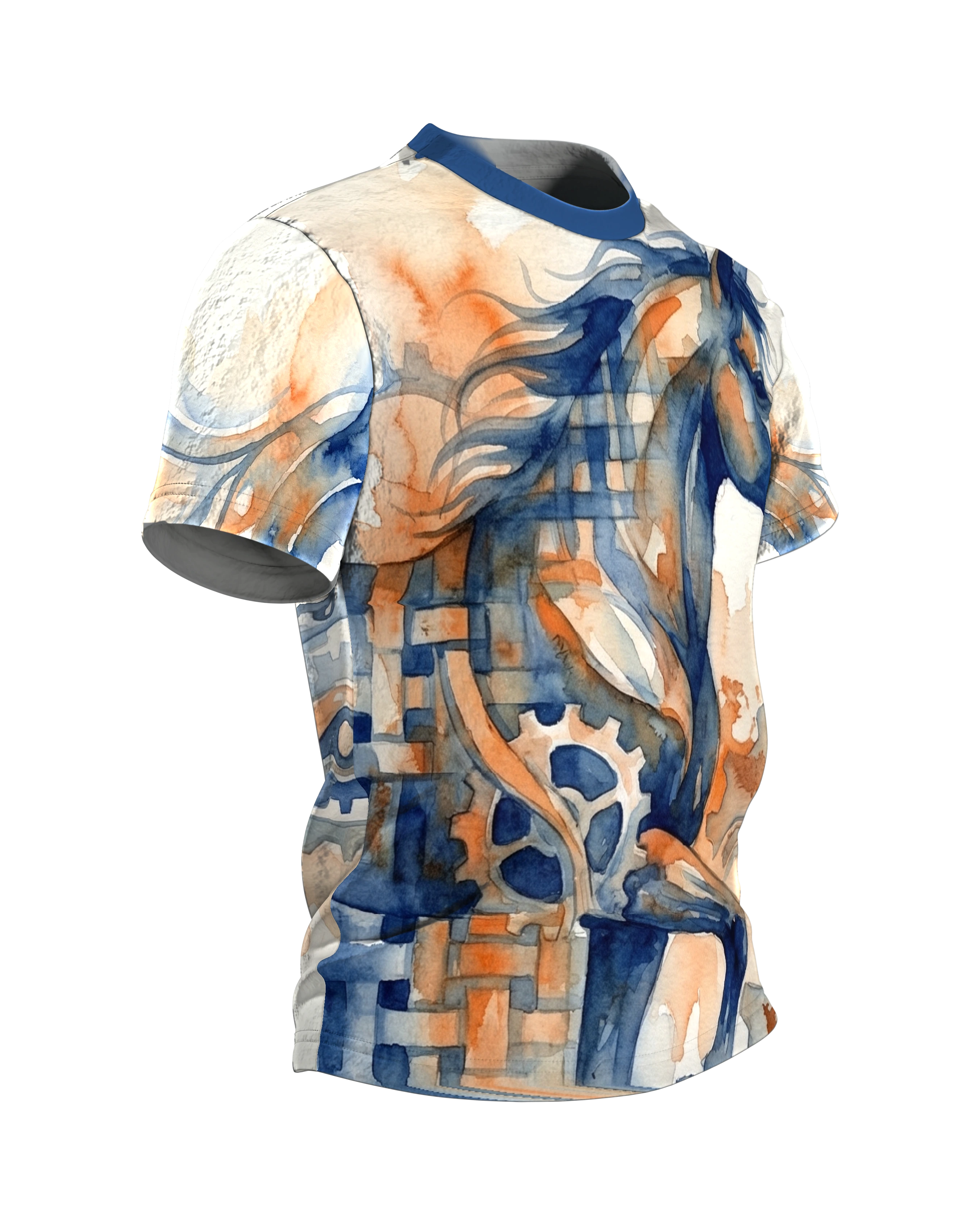 Mechanisches Pferd T-Shirt: Uhrwerk und Aquarell in Blau und Rost, Seitenansicht links