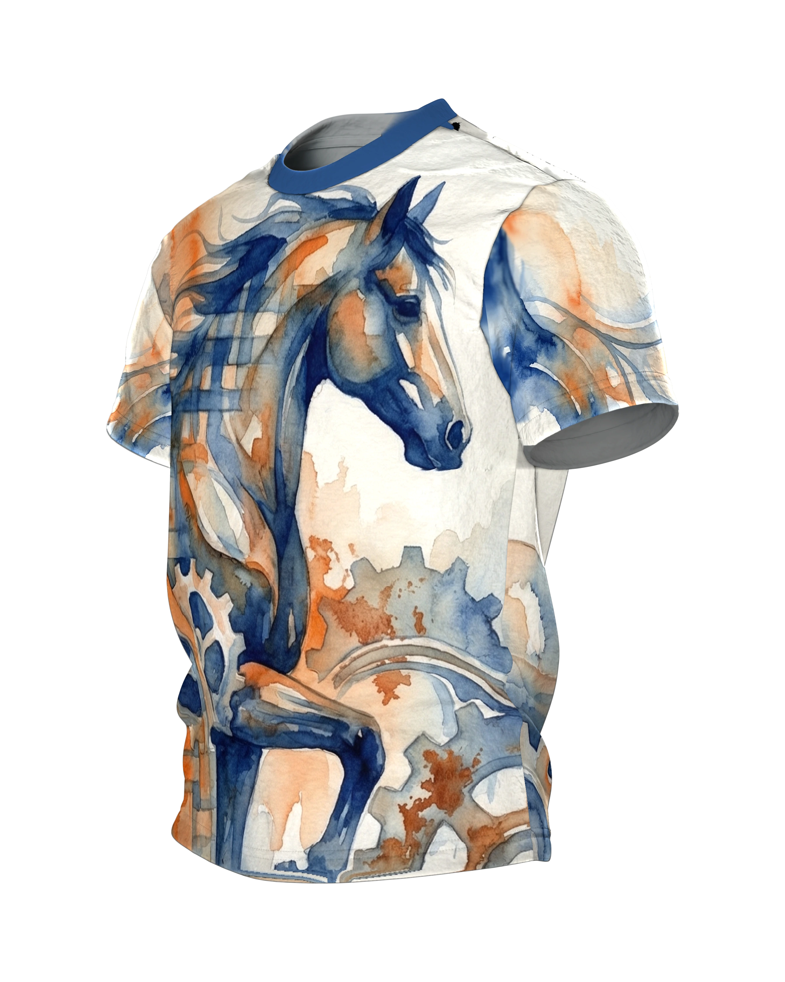 Mechanisches Pferd T-Shirt: Uhrwerk und Aquarell in Blau und Rost, Seitenansicht rechts