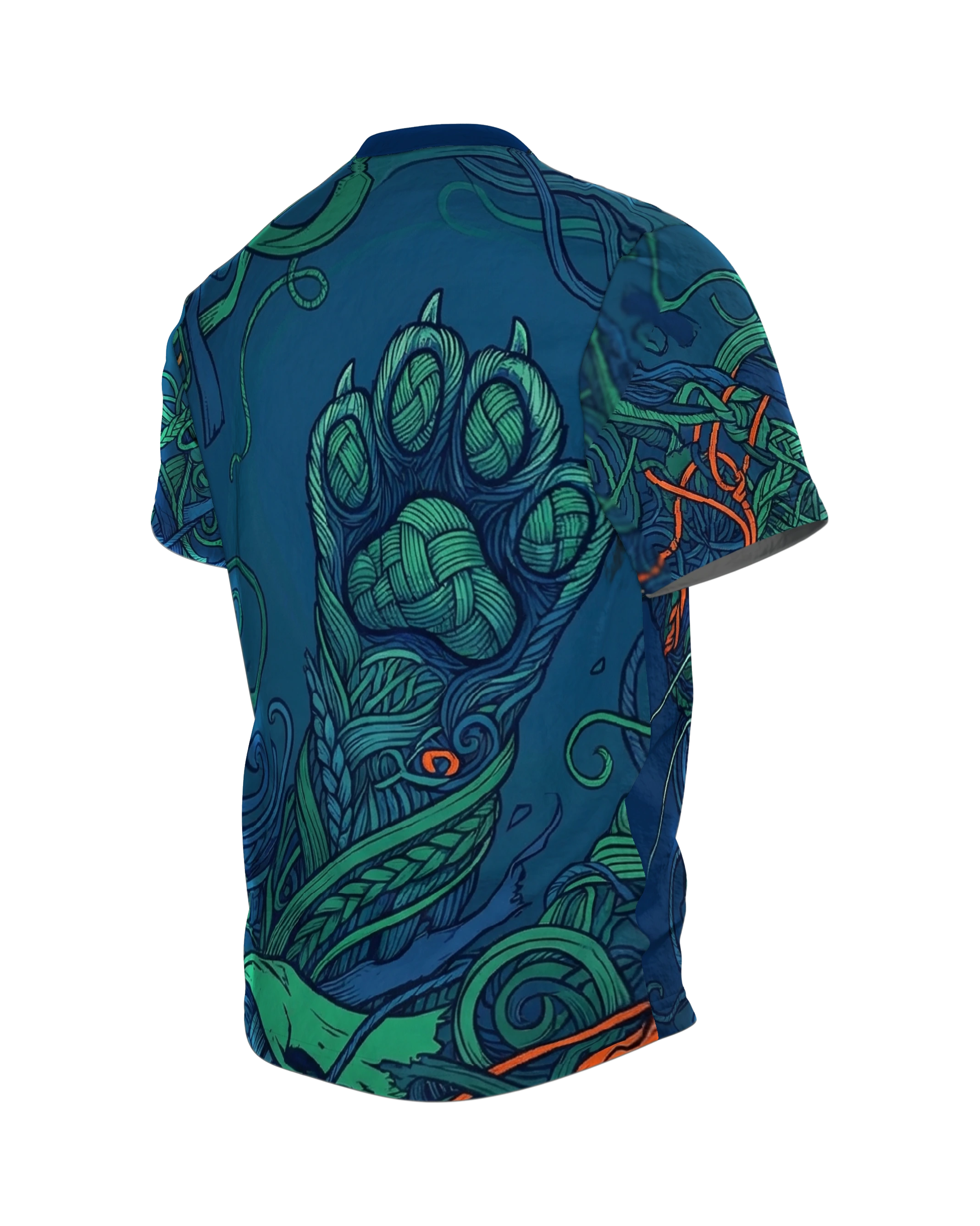Geflochtene Smaragd-Katze T-Shirt: Mystisches Kunstwerk, Rückseite schräg links