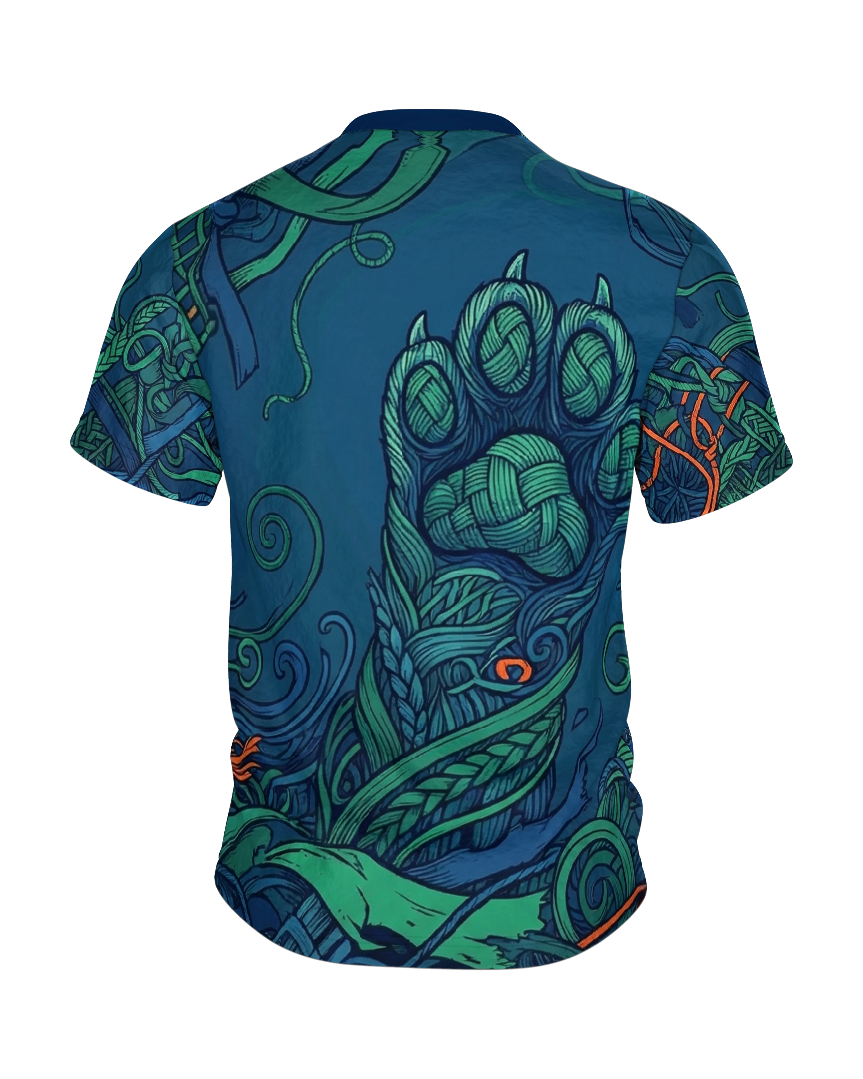 Geflochtene Smaragd-Katze T-Shirt: Mystisches Kunstwerk, Rückseite