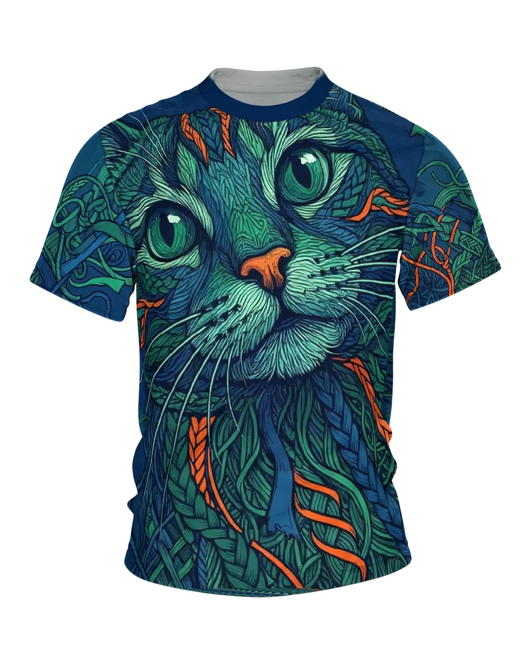 Geflochtene Smaragd-Katze T-Shirt: Mystisches Kunstwerk