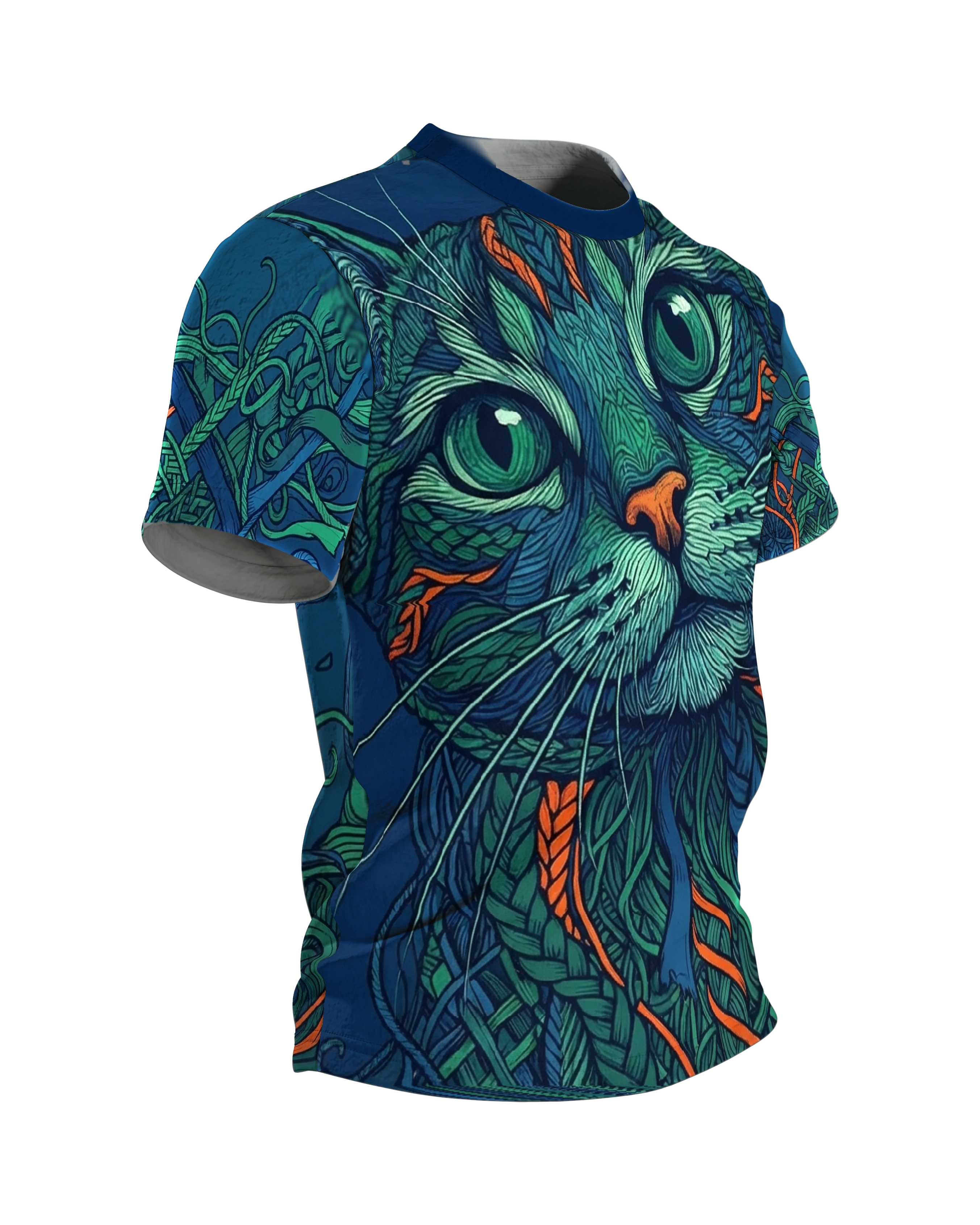 Geflochtene Smaragd-Katze T-Shirt: Mystisches Kunstwerk, Seitenansicht links