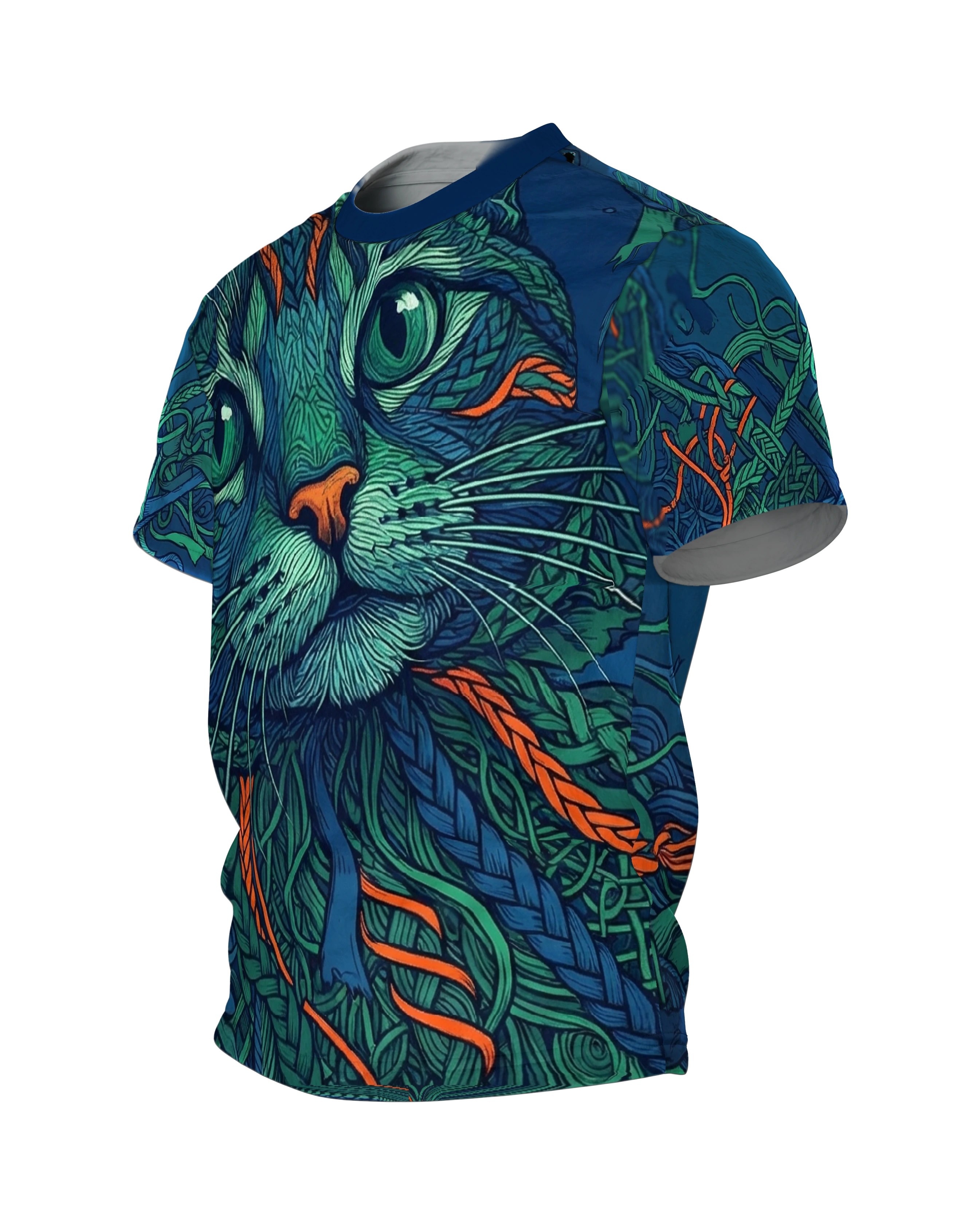 Geflochtene Smaragd-Katze T-Shirt: Mystisches Kunstwerk, Seitenansicht rechts