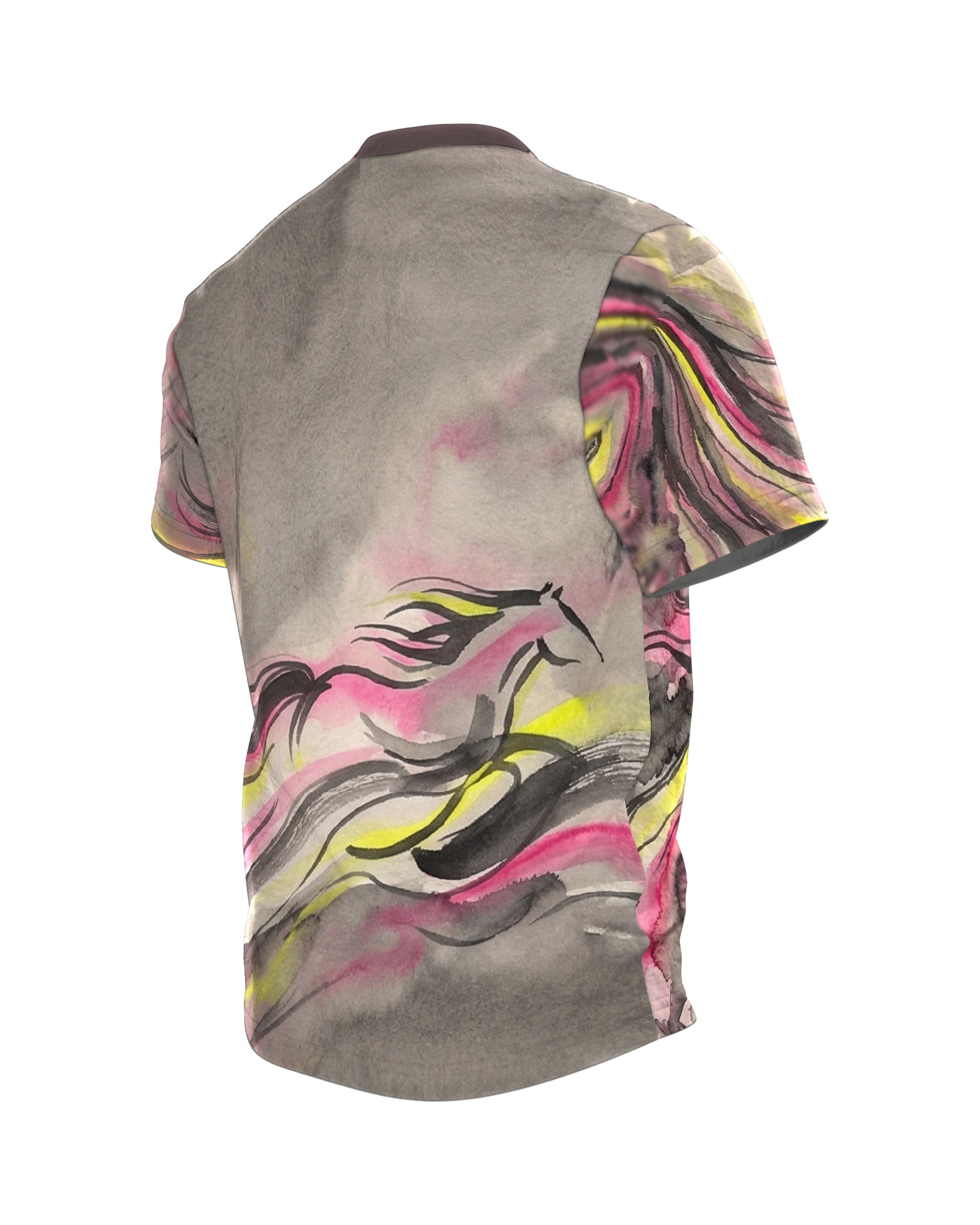 Galopp Pferd T-Shirt: Tusche-Sturm in Pink und Grau, Rückseite schräg links