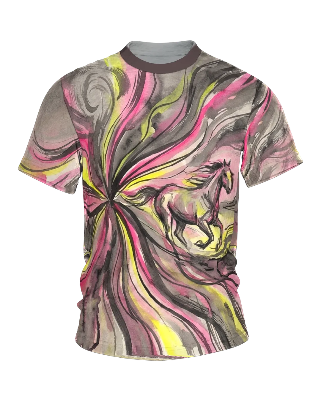 Galloping Horse T-shirt: Ink Storm in Pink and Gray