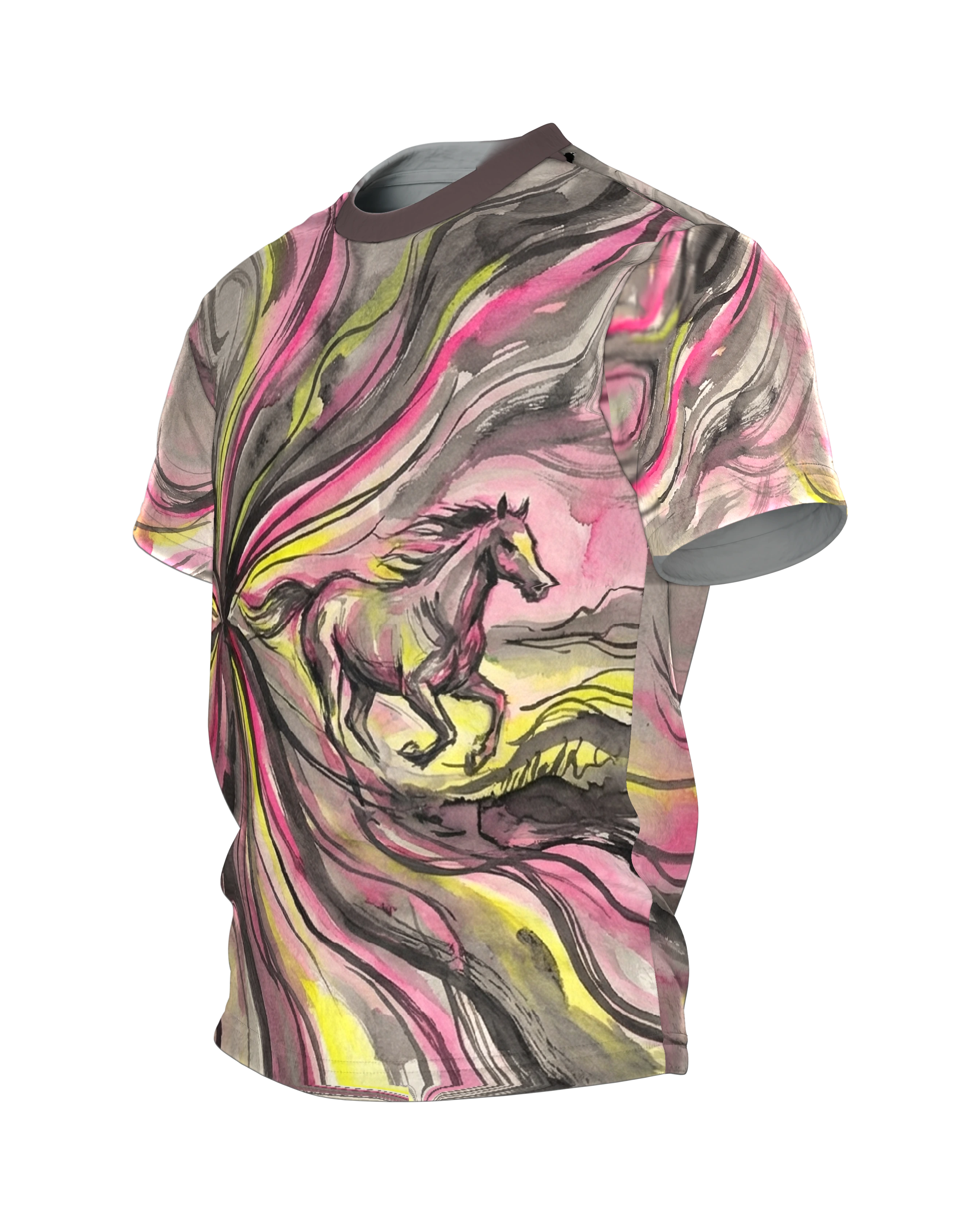 Galopp Pferd T-Shirt: Tusche-Sturm in Pink und Grau, Seitenansicht rechts