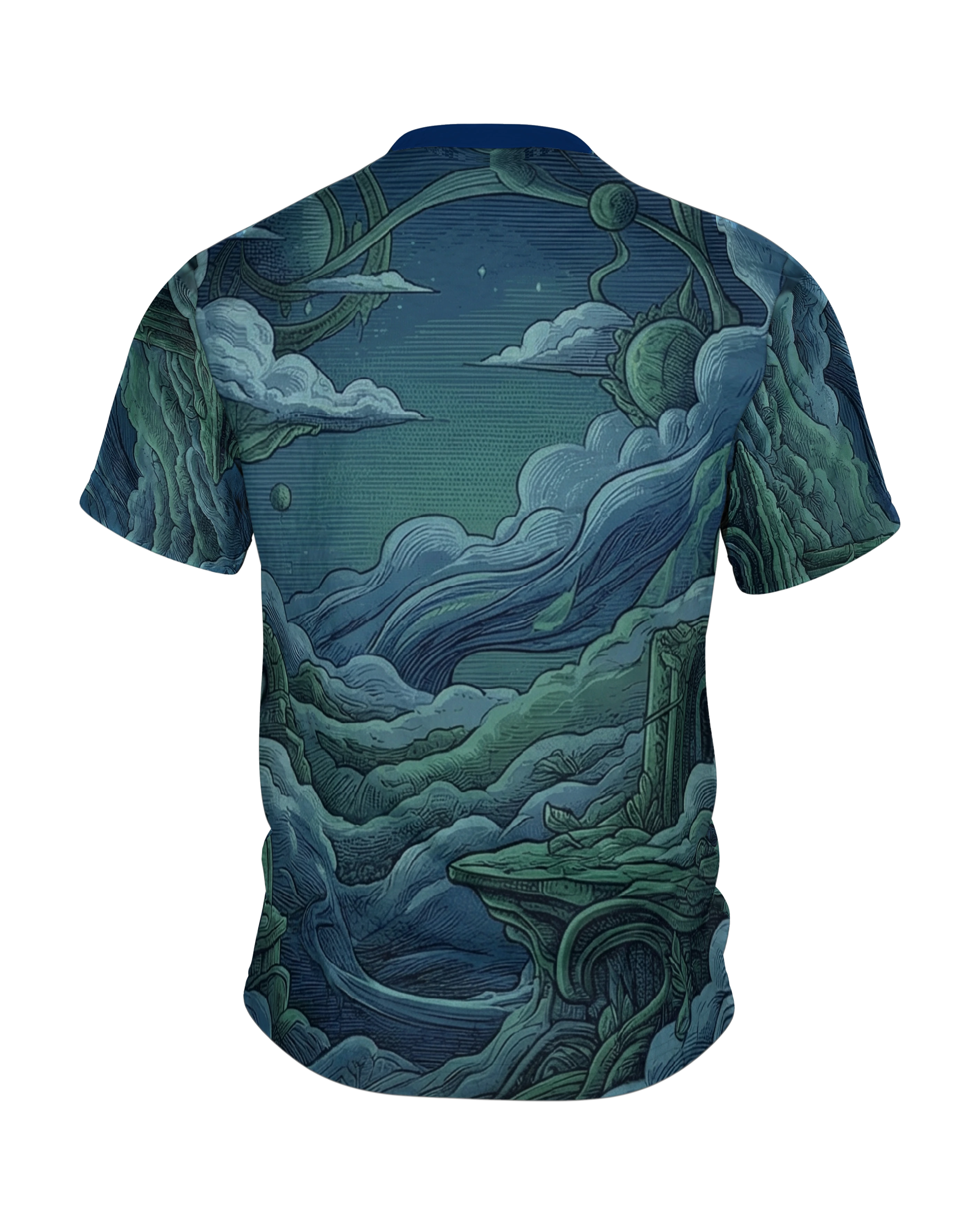 Meditierende Katze T-Shirt: Kosmische Ruinen, Rückseite