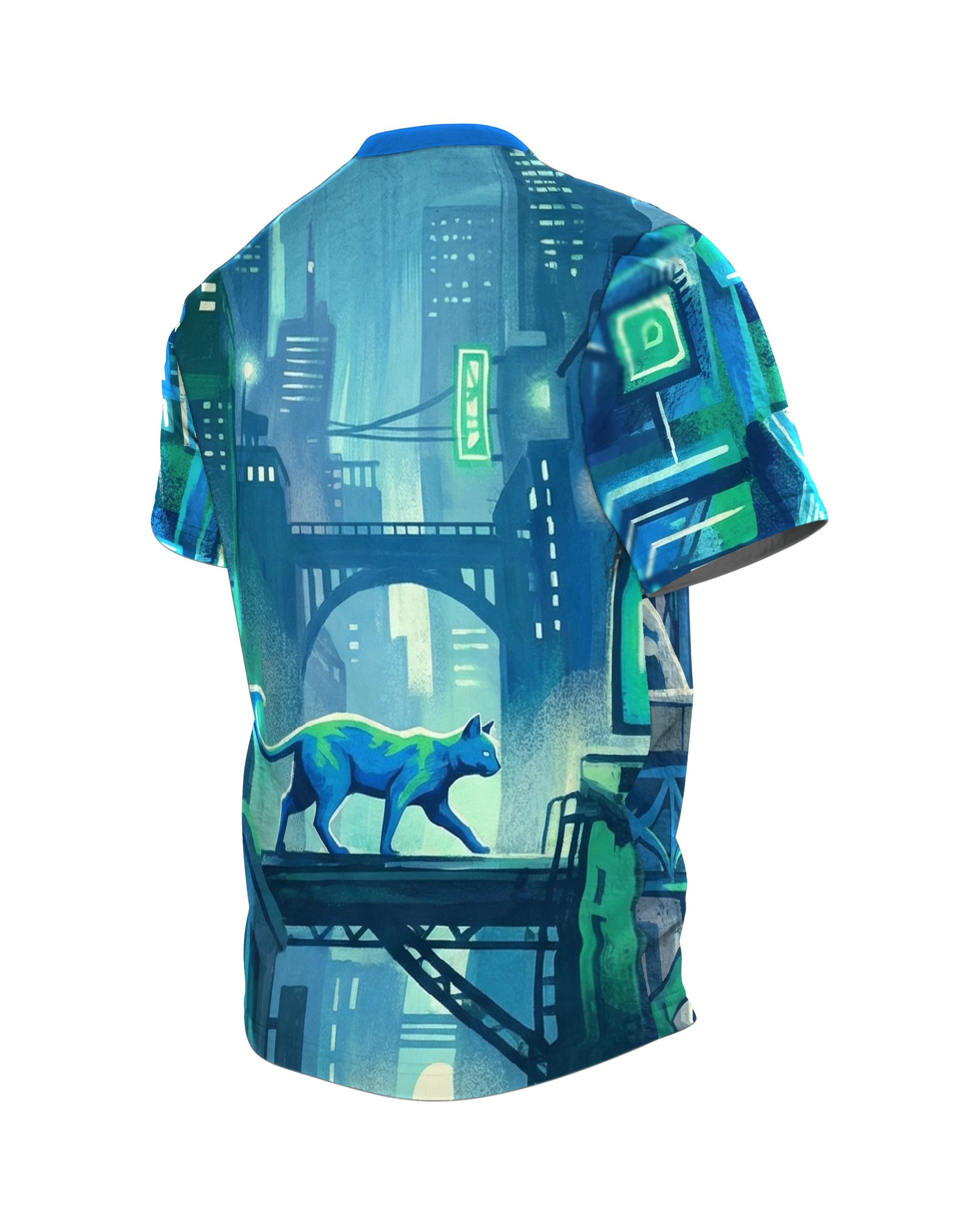 Cyberpunk Katze T-Shirt: Streunerin über den Dächern der Neon-Stadt, Rückseite schräg links