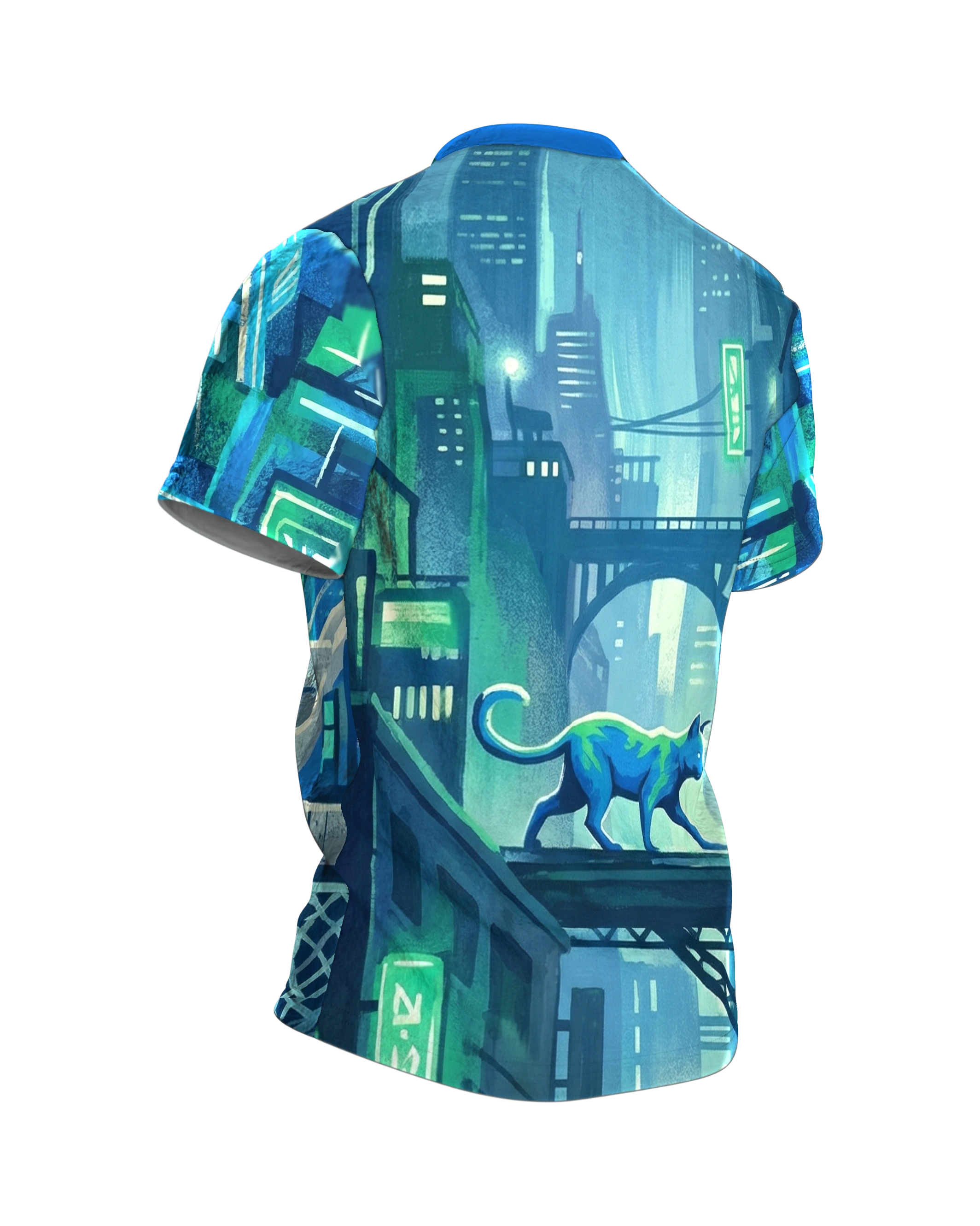 Cyberpunk Katze T-Shirt: Streunerin über den Dächern der Neon-Stadt, Rückseite schräg rechts