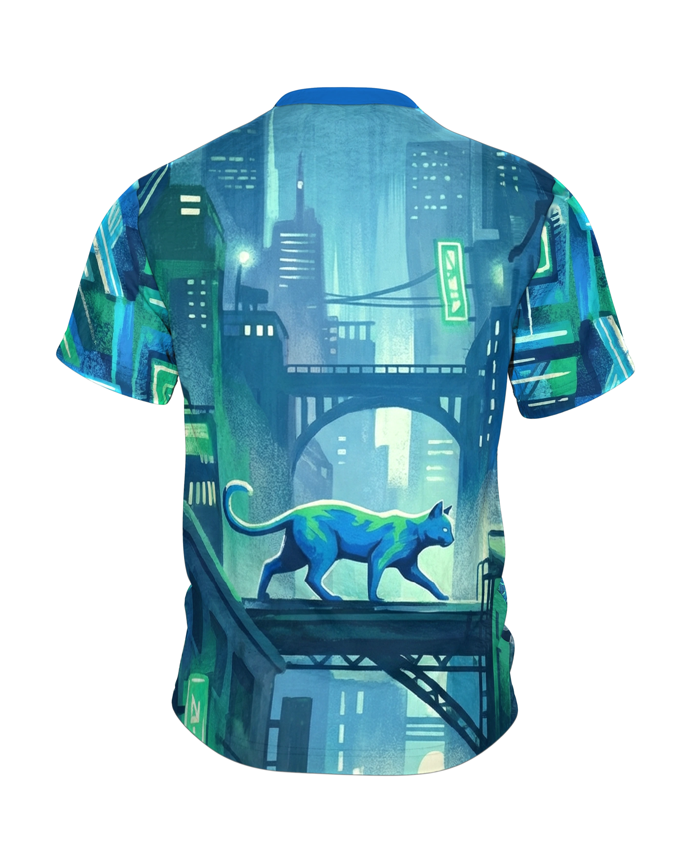 Cyberpunk Katze T-Shirt: Streunerin über den Dächern der Neon-Stadt, Rückseite