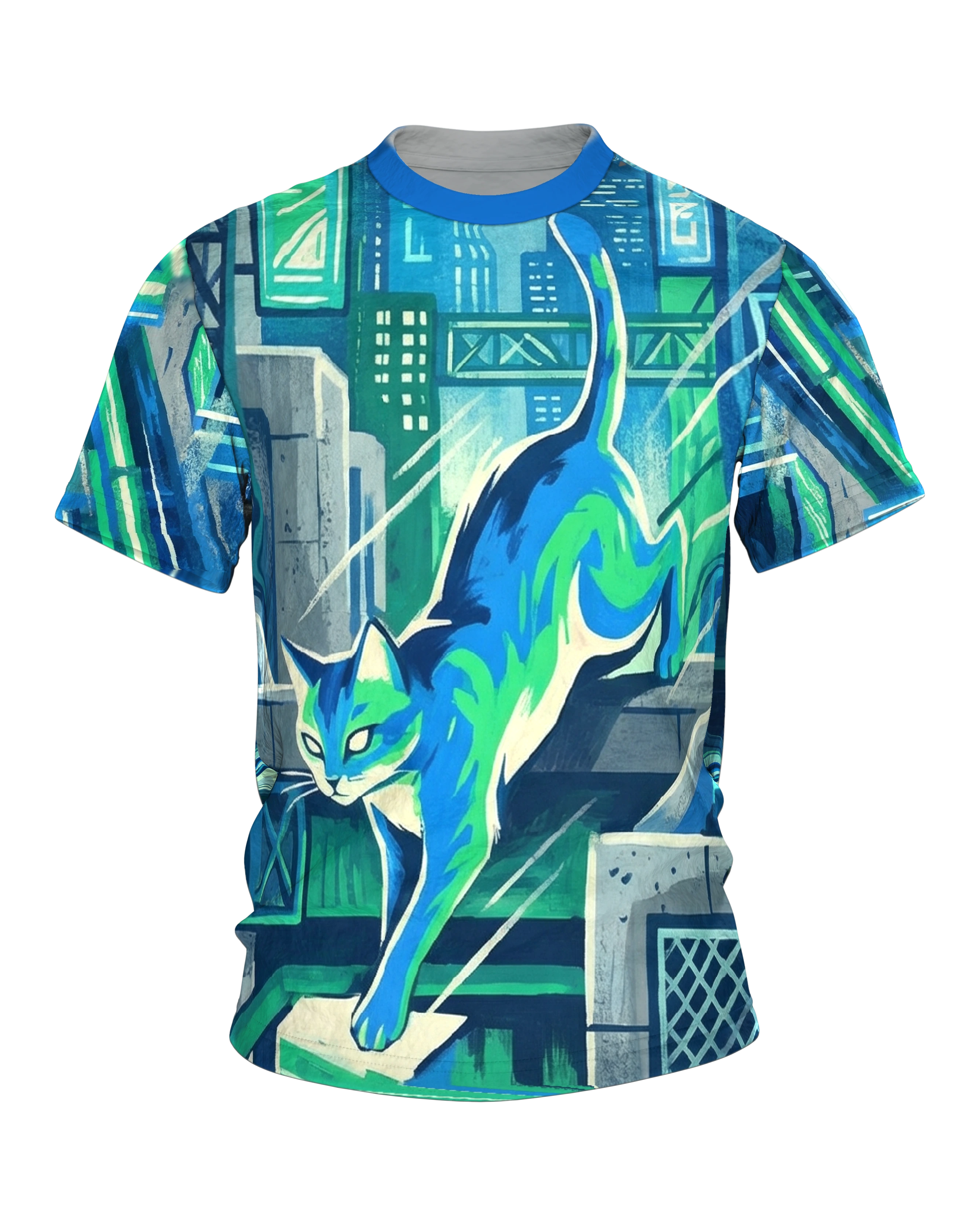Cyberpunk Katze T-Shirt: Streunerin über den Dächern der Neon-Stadt